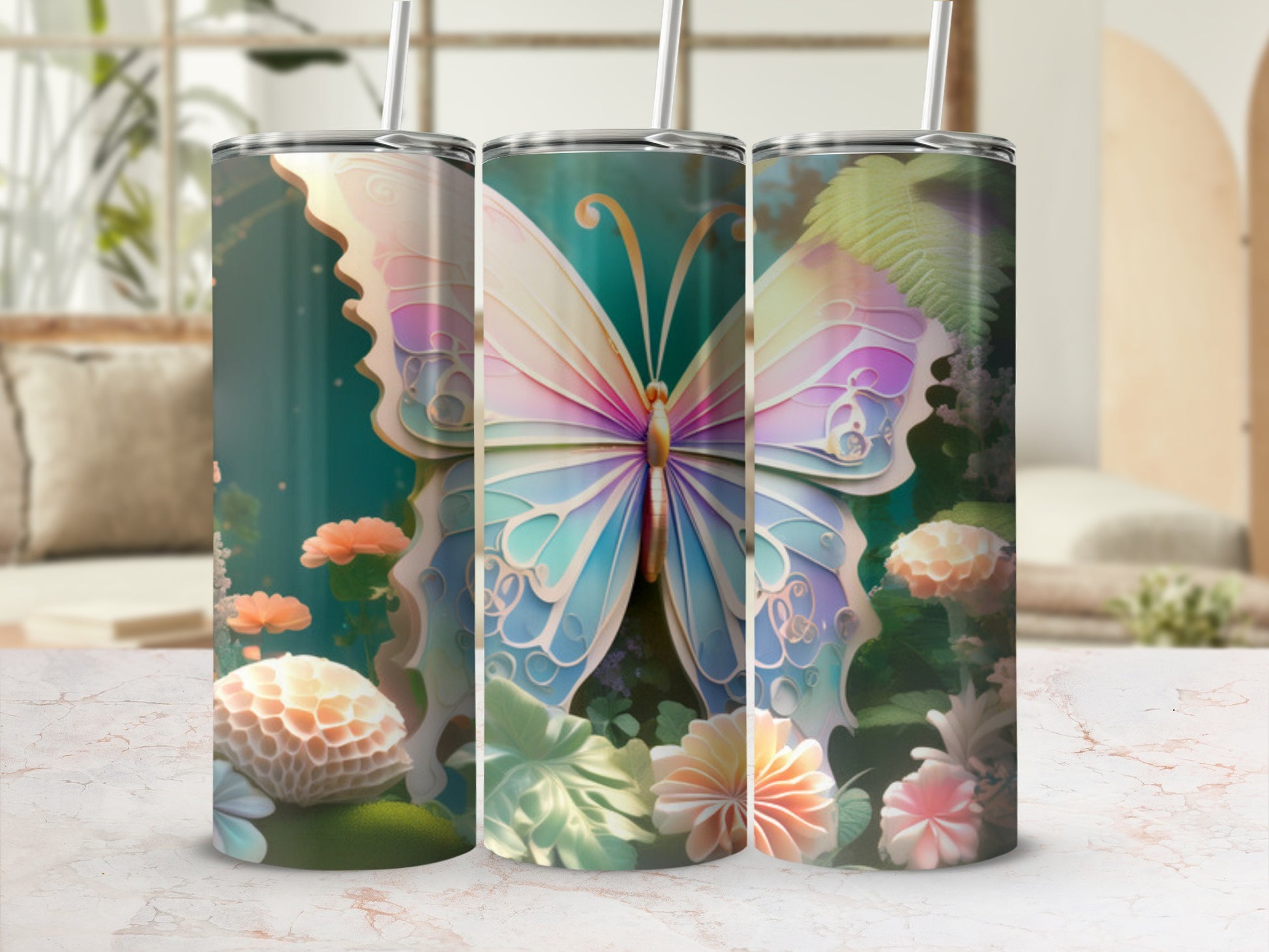 Three tumblers featuring a colorful butterfly and floral designs.
