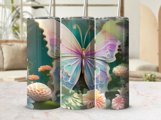 Three tumblers featuring a colorful butterfly and floral designs.