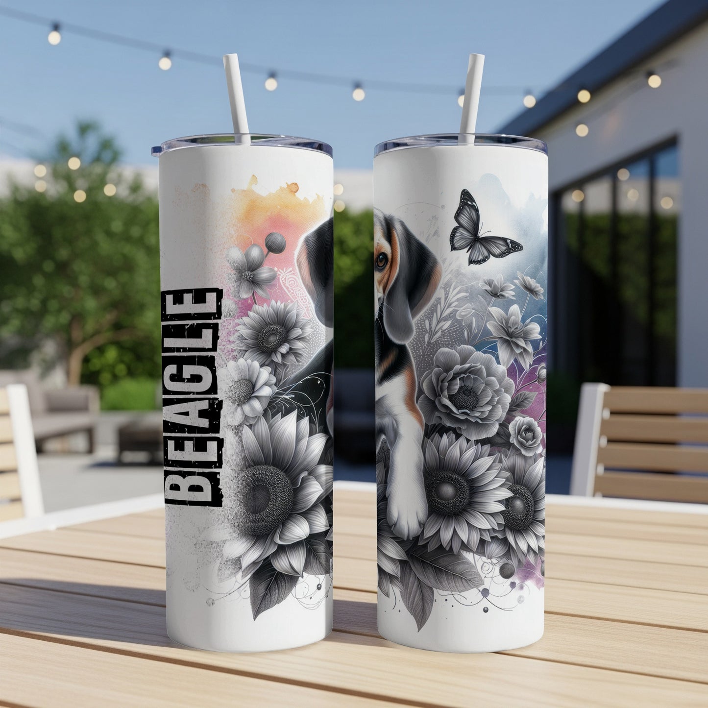 Beagle dog design on a white tumbler with floral and butterfly accents.