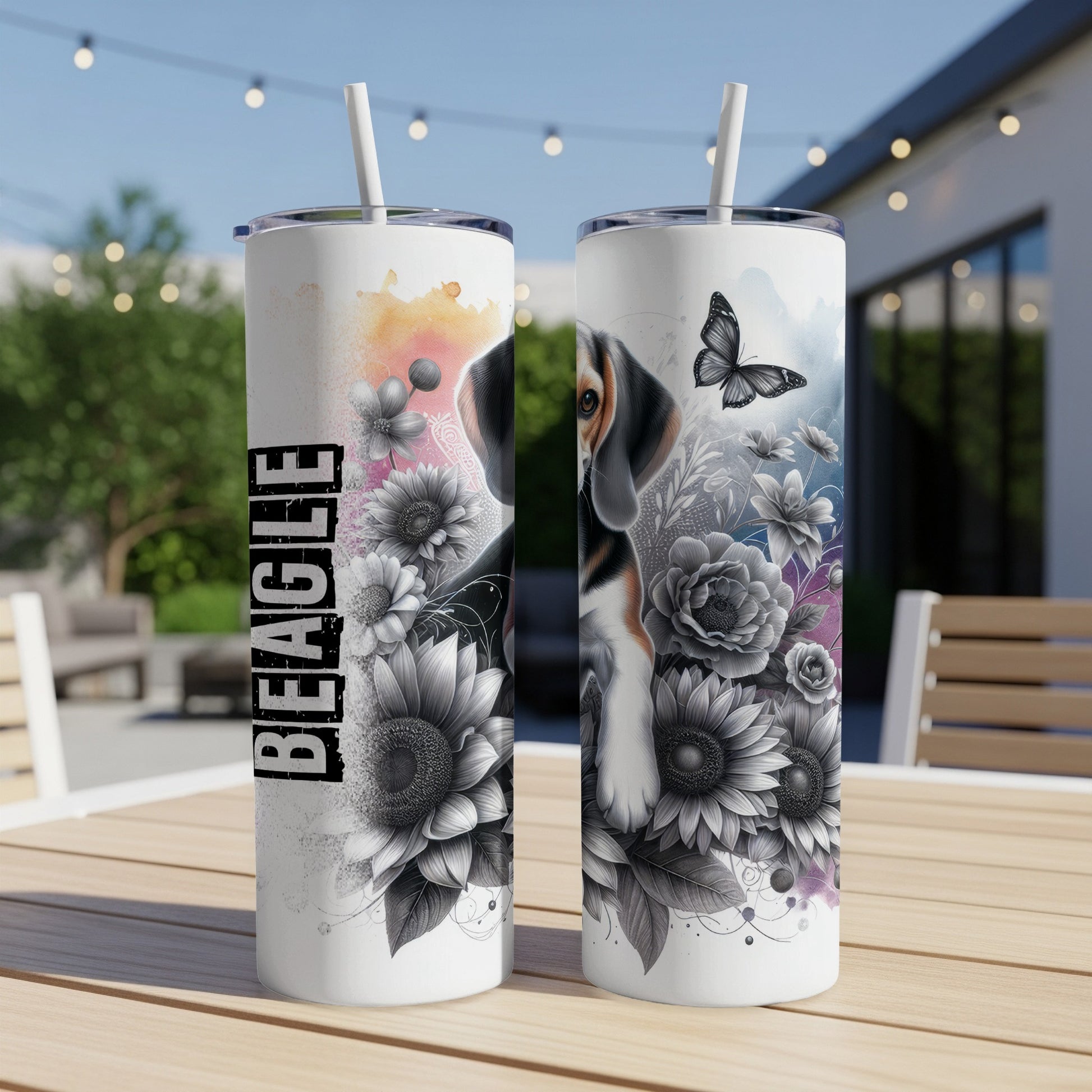 Beagle dog design on a white tumbler with floral and butterfly accents.