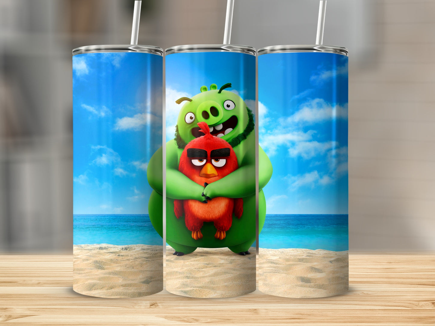 Angry Birds Red Bird Hugged by a Pig on the Beach Tumblers