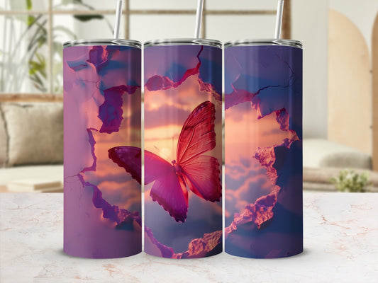 Pink butterfly emerging from a cracked purple sky on a tumbler.