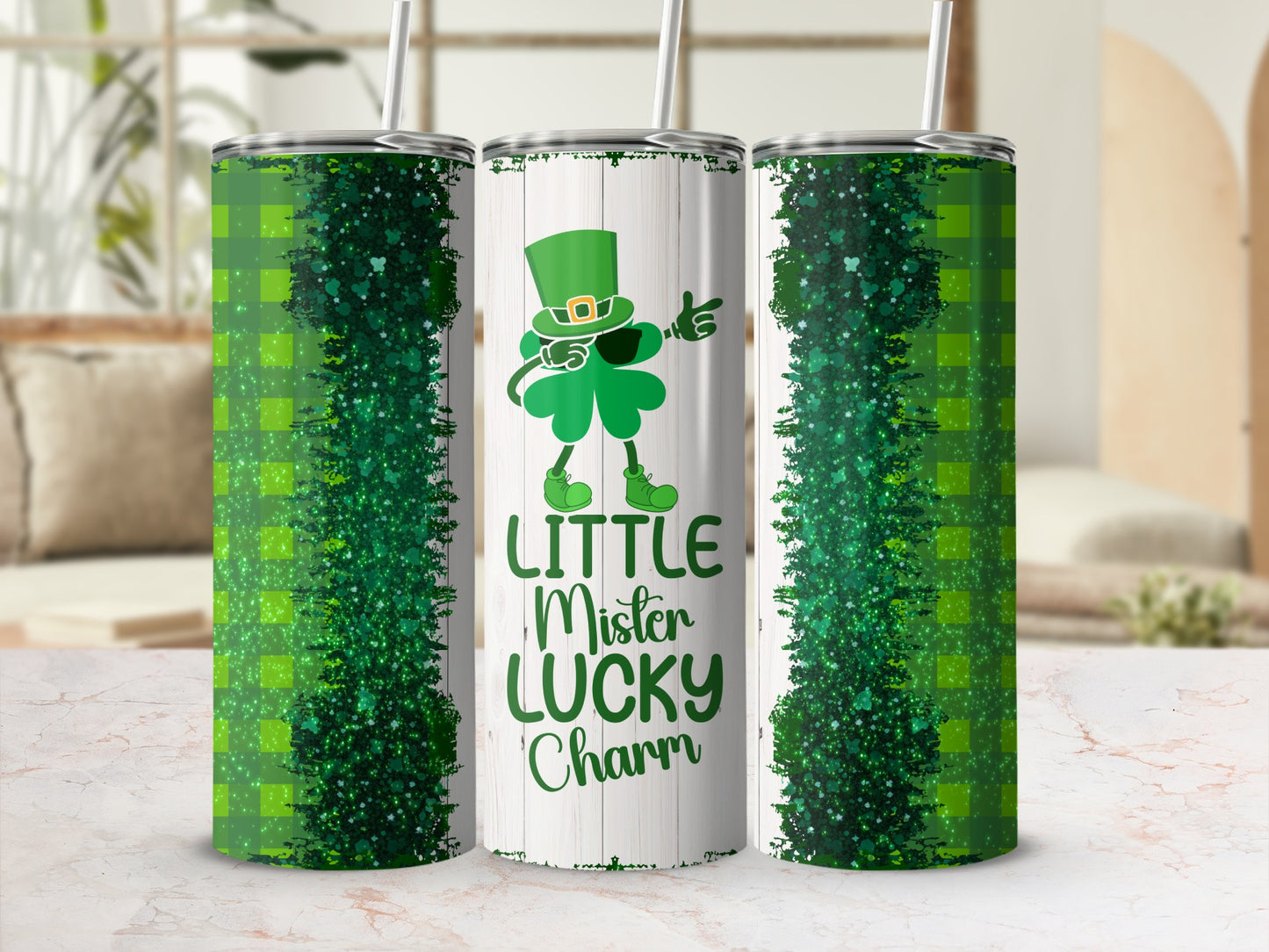Green plaid tumbler with leprechaun and "Little Mister Lucky Charm" text.