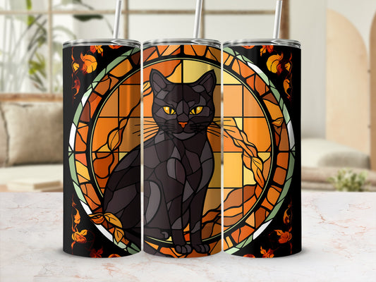 Black cat in stained glass window pattern on a tumbler.