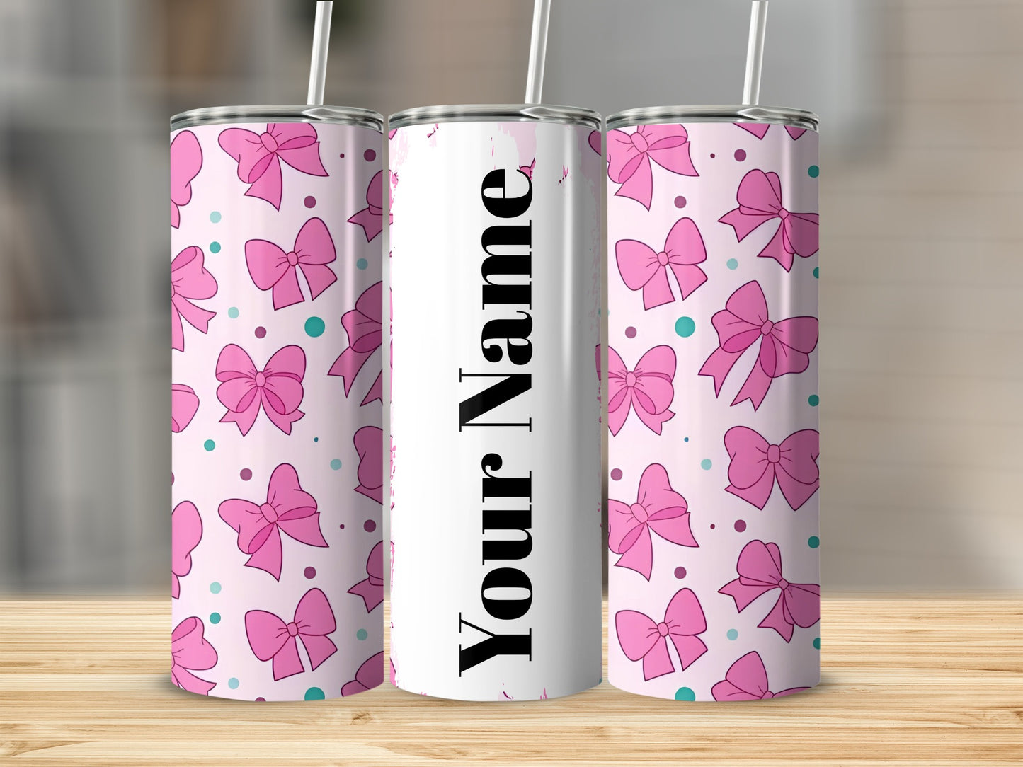 Customizable Pink Bows Pattern Tumbler With Name Option