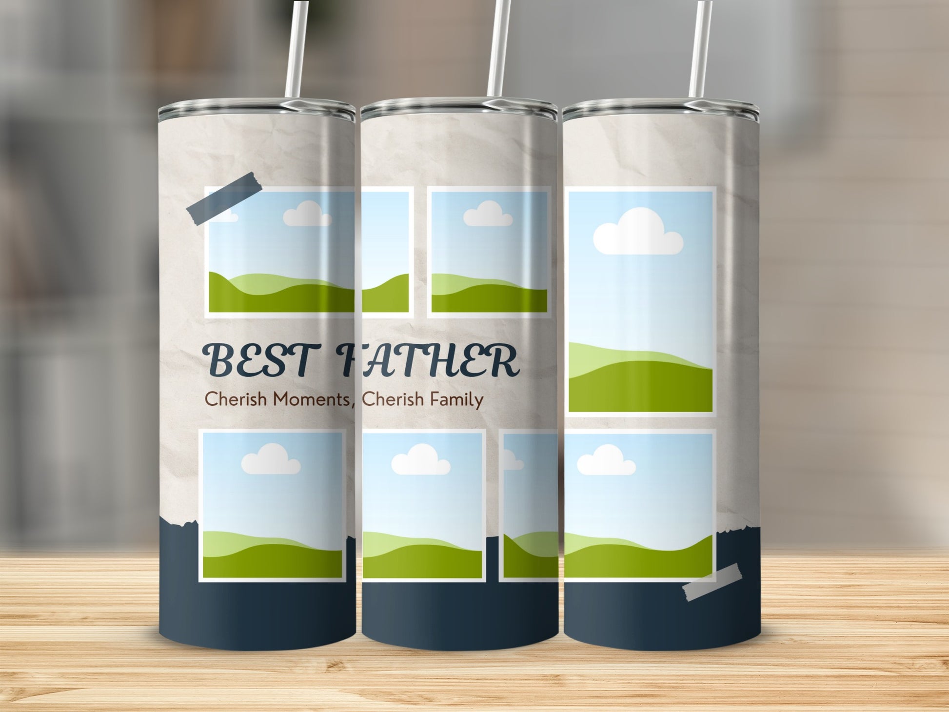 Three tumblers display "BEST FATHER" with photo frame designs.