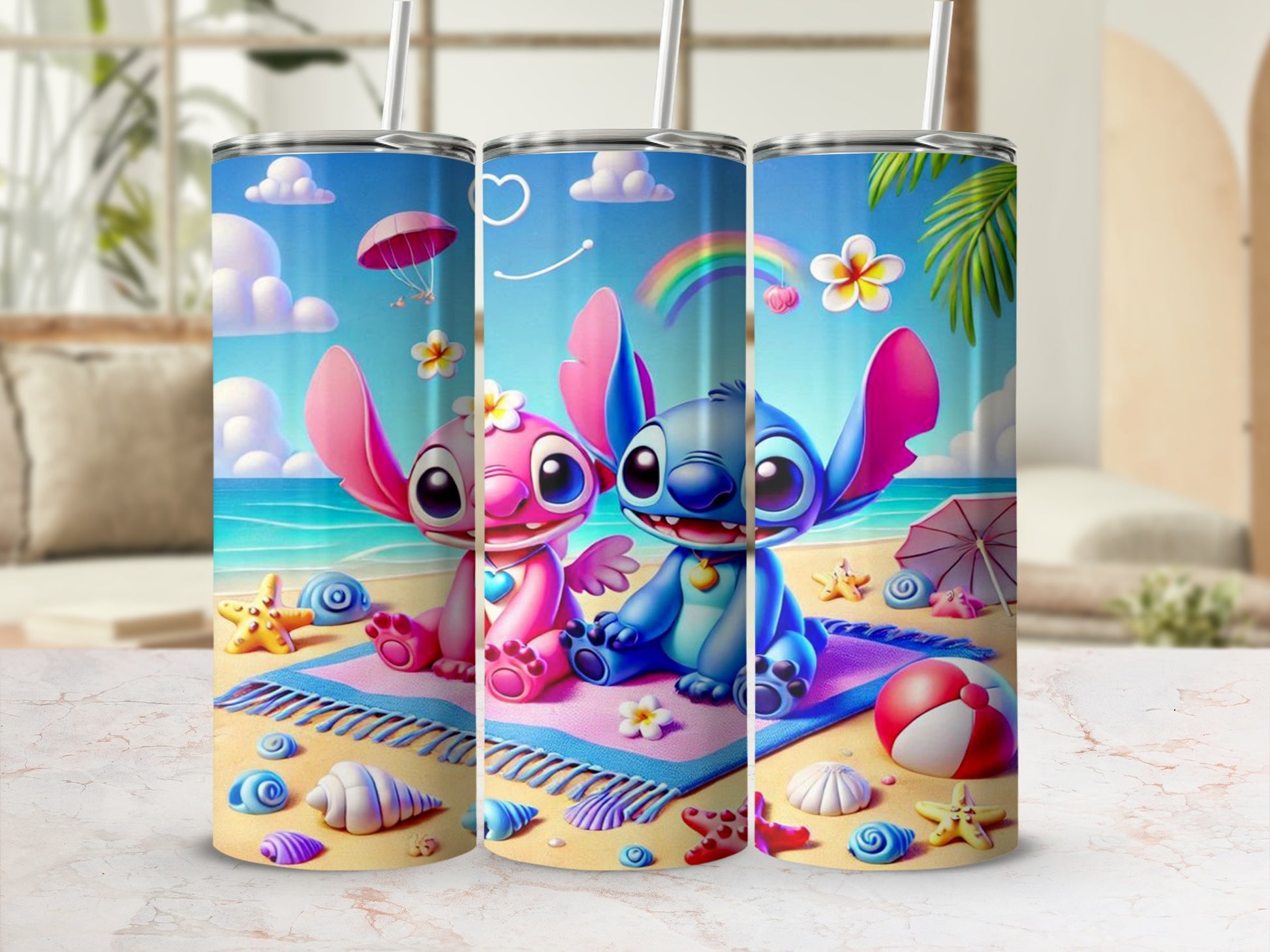 Colorful Cartoon Beach Scene Insulated Tumbler Cups