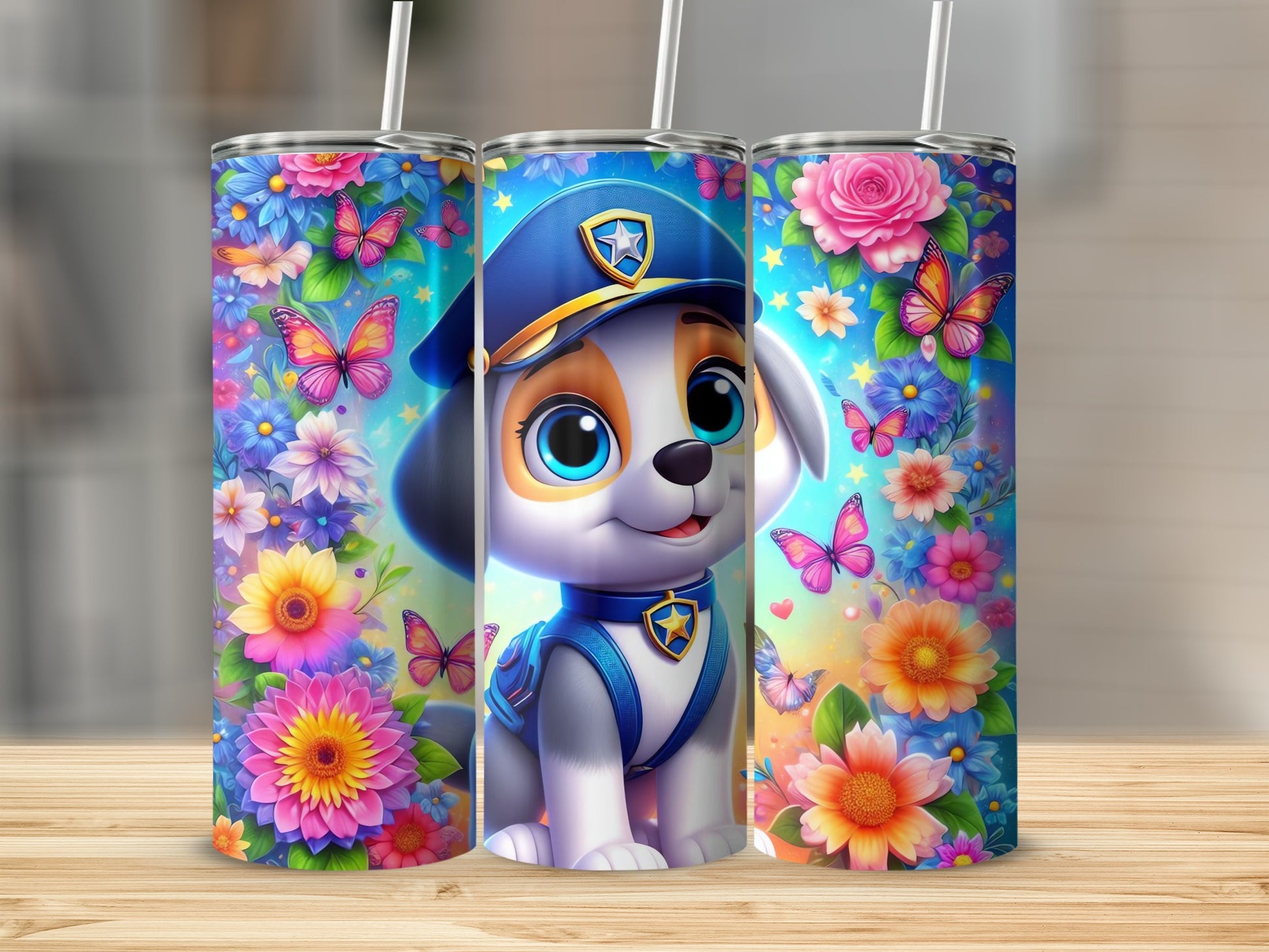 Colorful Floral Puppy Design with Butterflies Tumbler