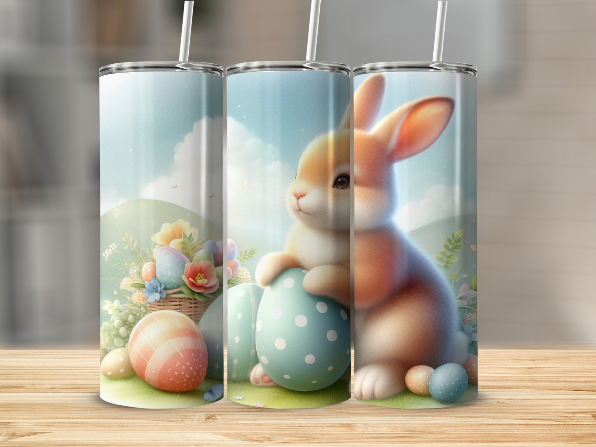 Easter bunny with basket and eggs on grassy hill, sky background.