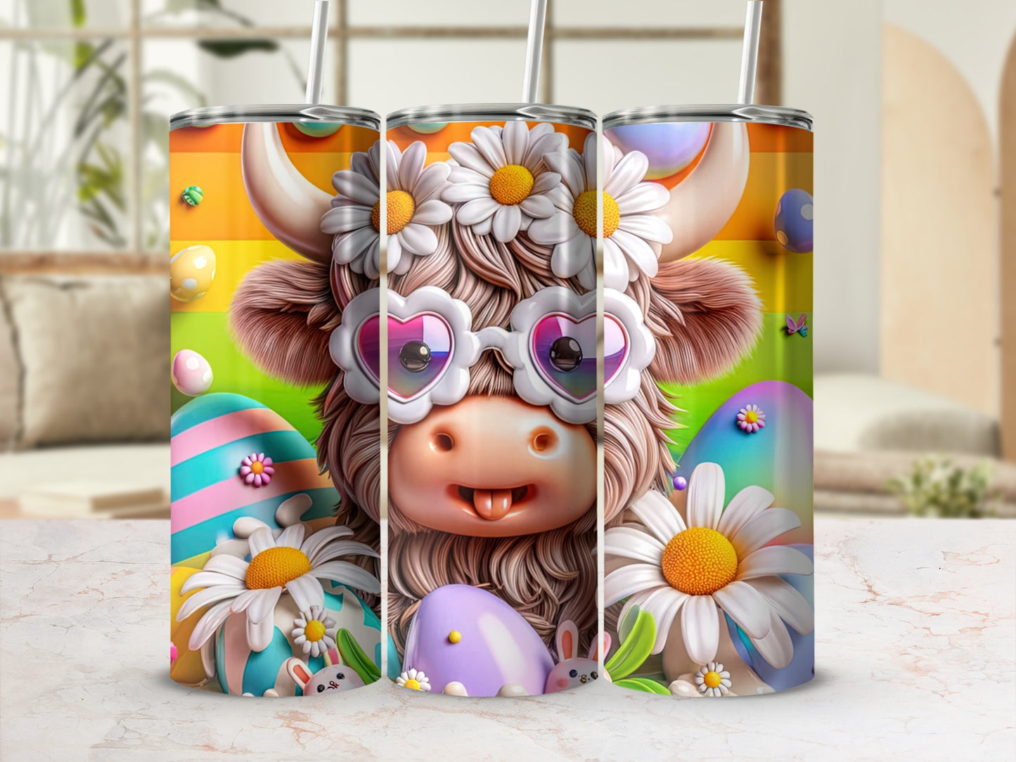 Cute cow with heart sunglasses and daisies, Easter eggs and bunnies.