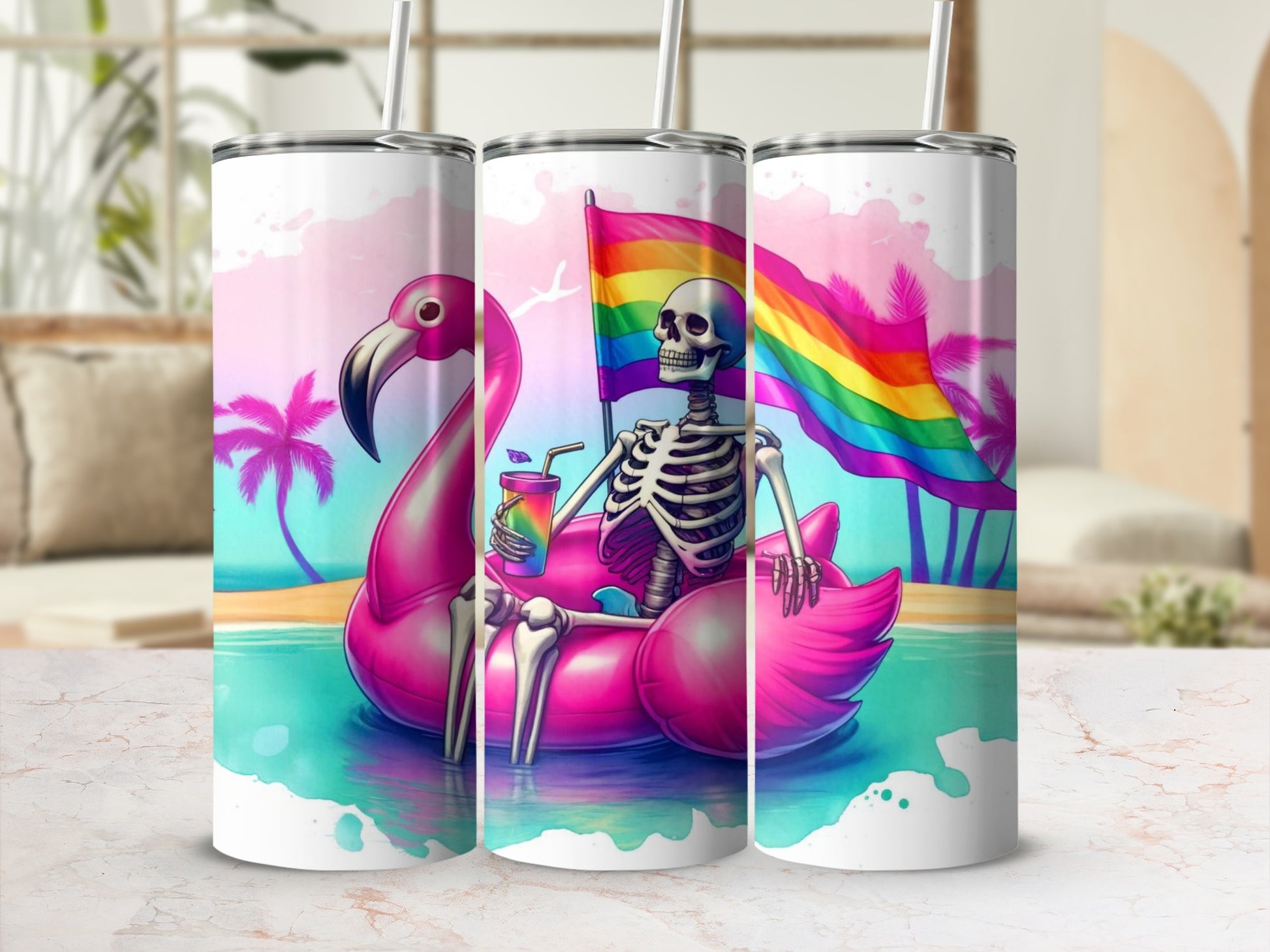 Skeleton in flamingo float holding rainbow drink, beach background