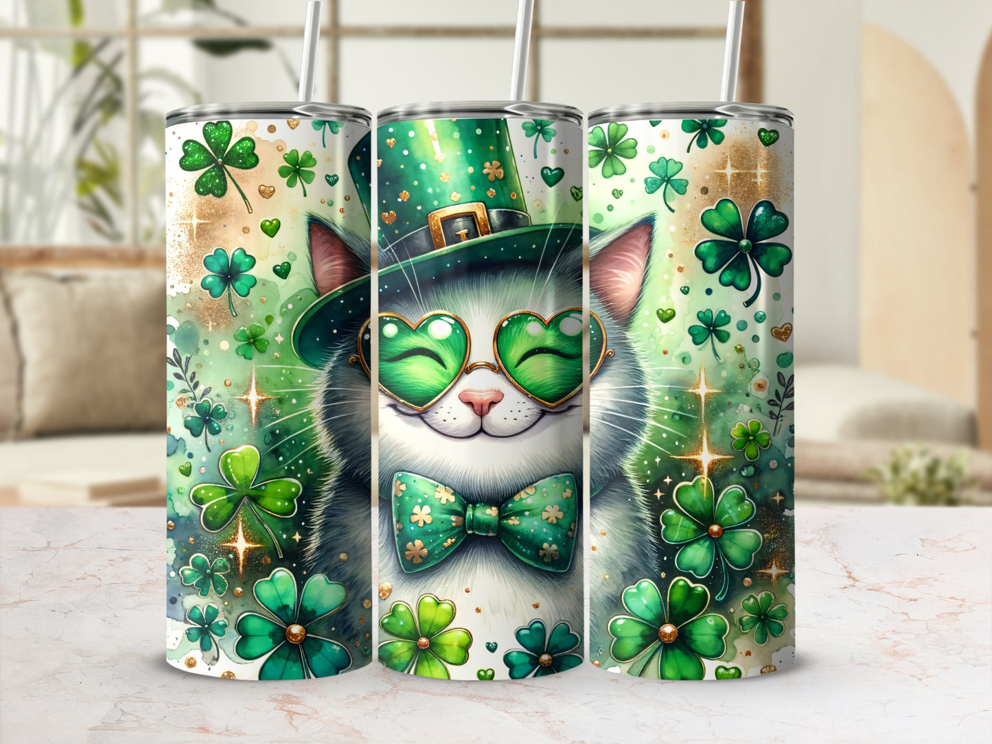 St. Patrick's Day cat in a hat with shamrock glasses and bowtie.