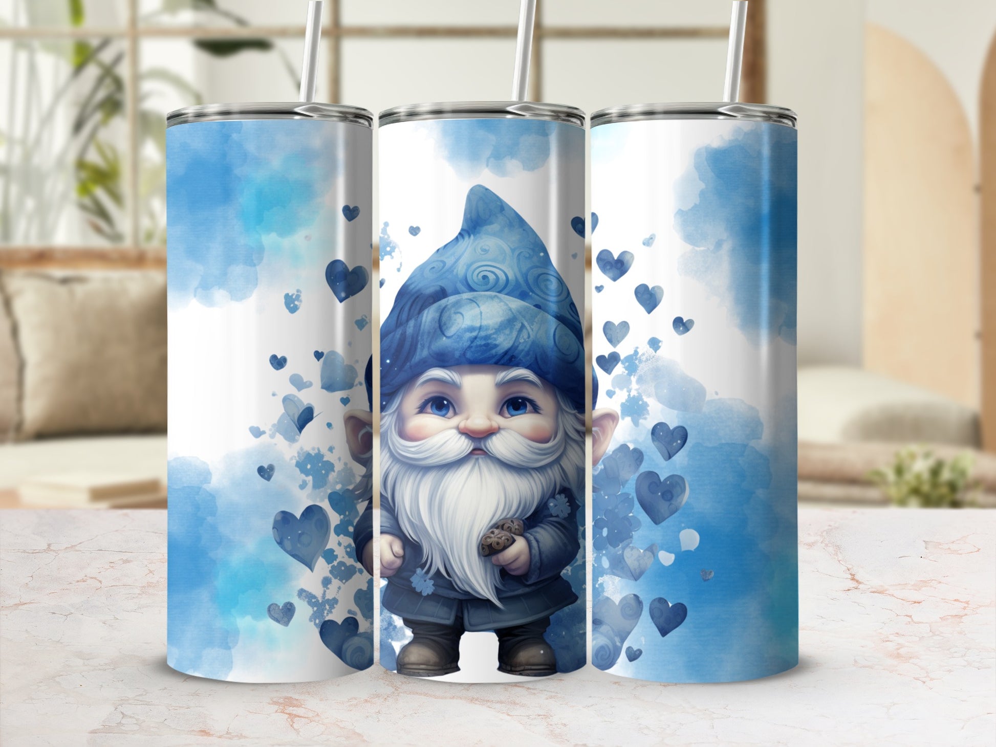 Cute Blue Gnome Art Tumbler with Heart Accents