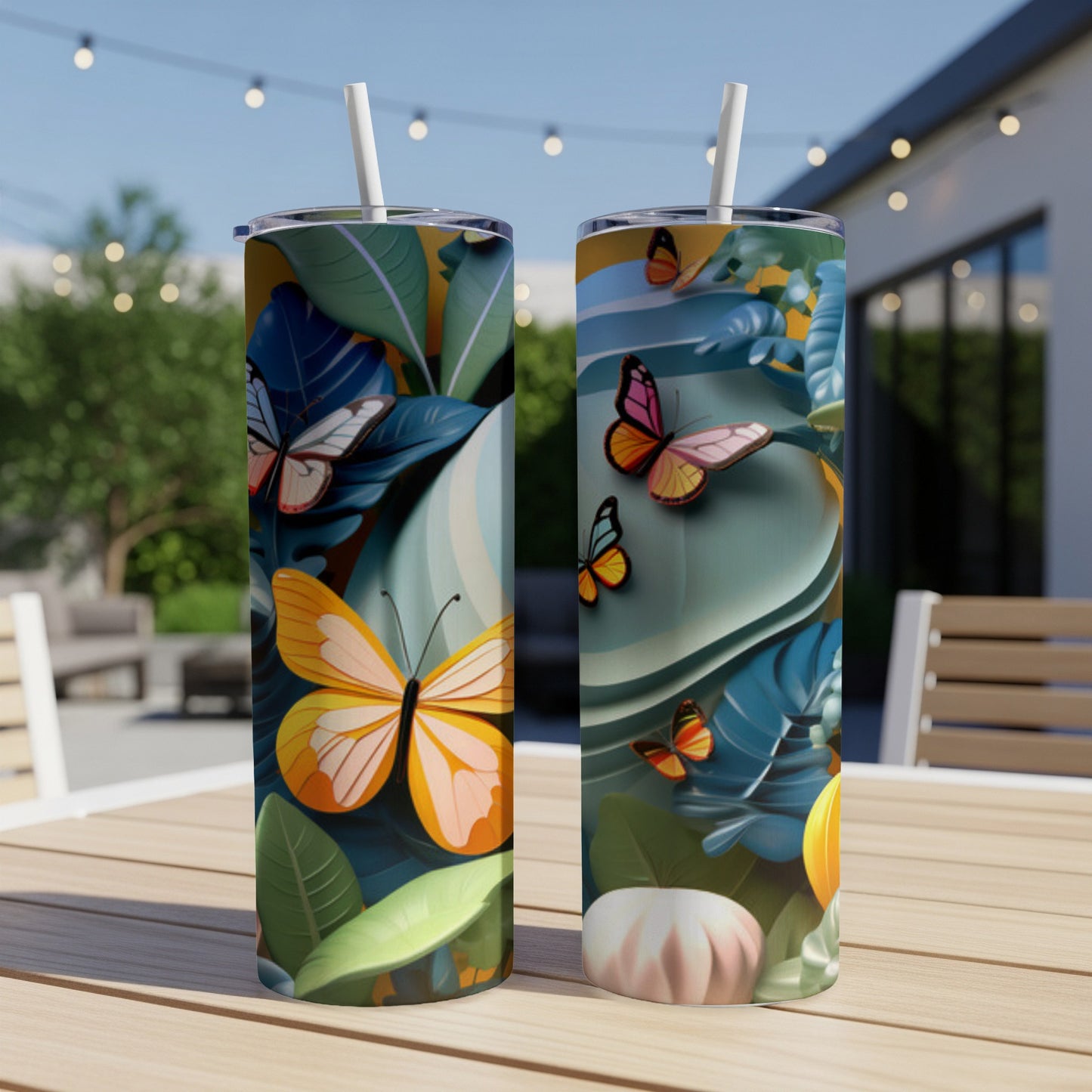 Two tumblers featuring colorful butterflies and tropical foliage.