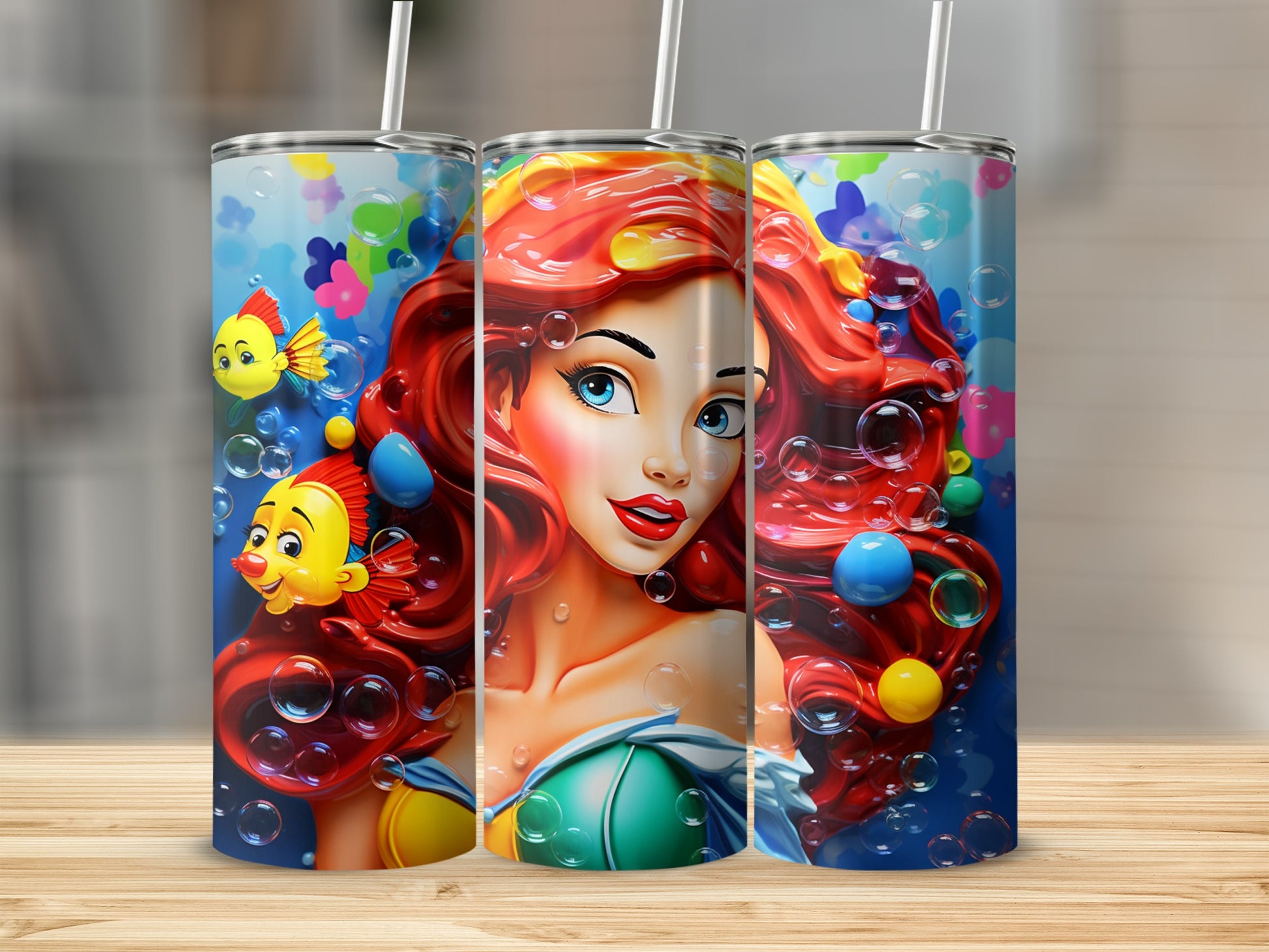 Colorful Mermaid Design Tumbler with Bubbles and Fish