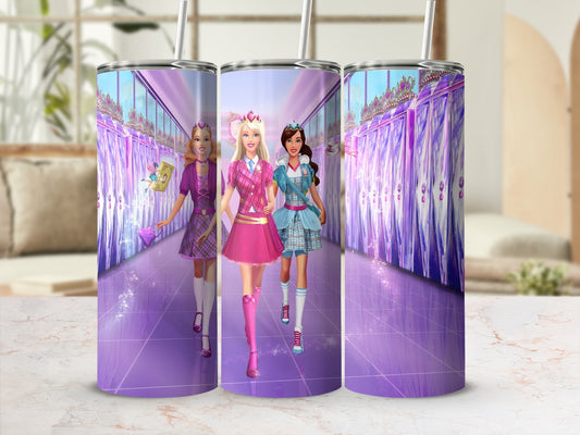 Three Barbie dolls in fashionable outfits walk down a purple tiled hallway.