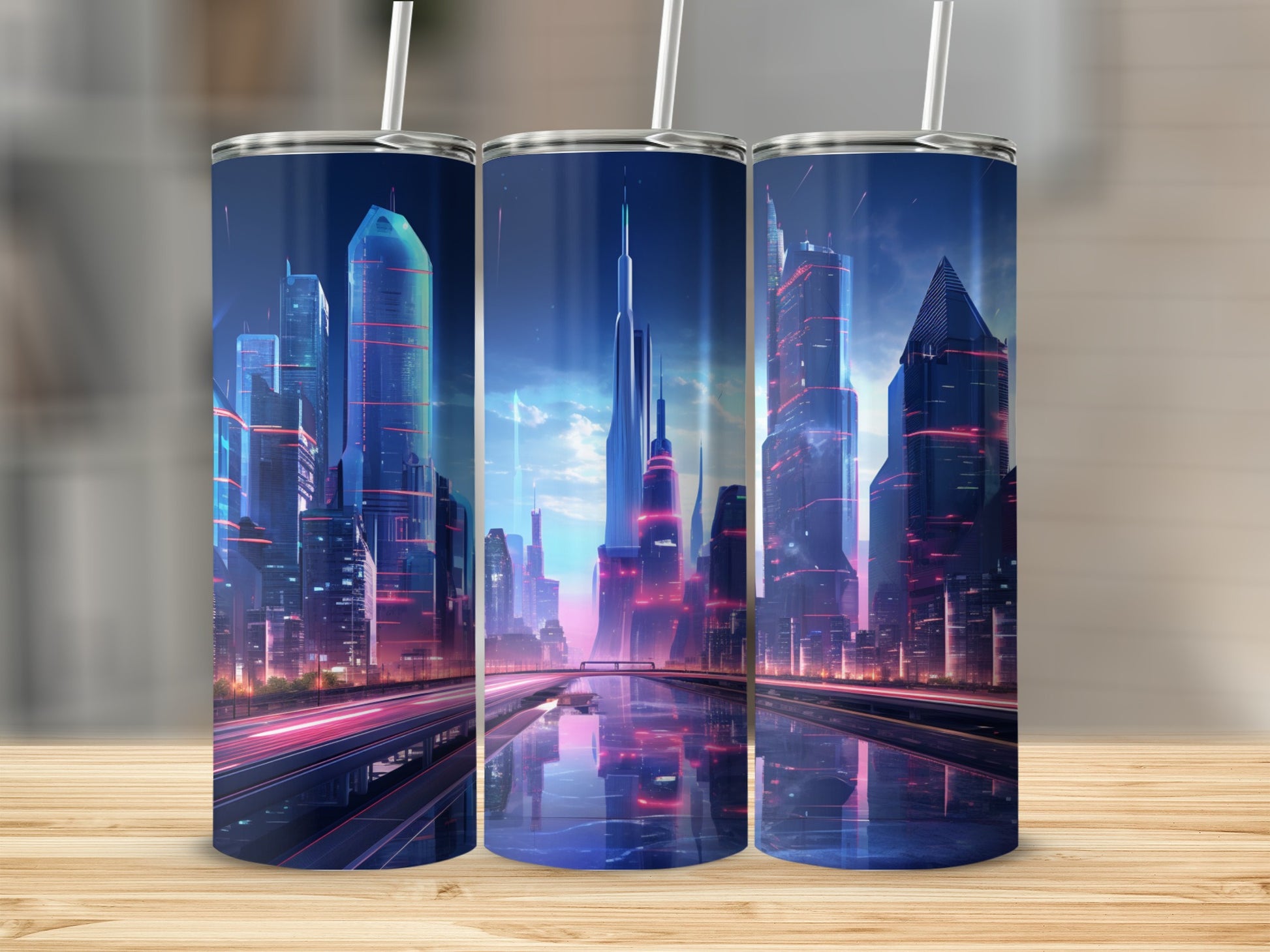 Futuristic Neon City Skyline Double-Walled Tumbler