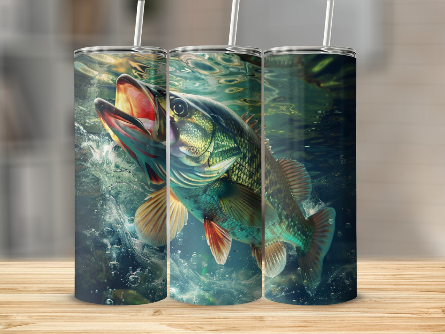 Illustration of a largemouth bass jumping from water with a straw in its mouth.