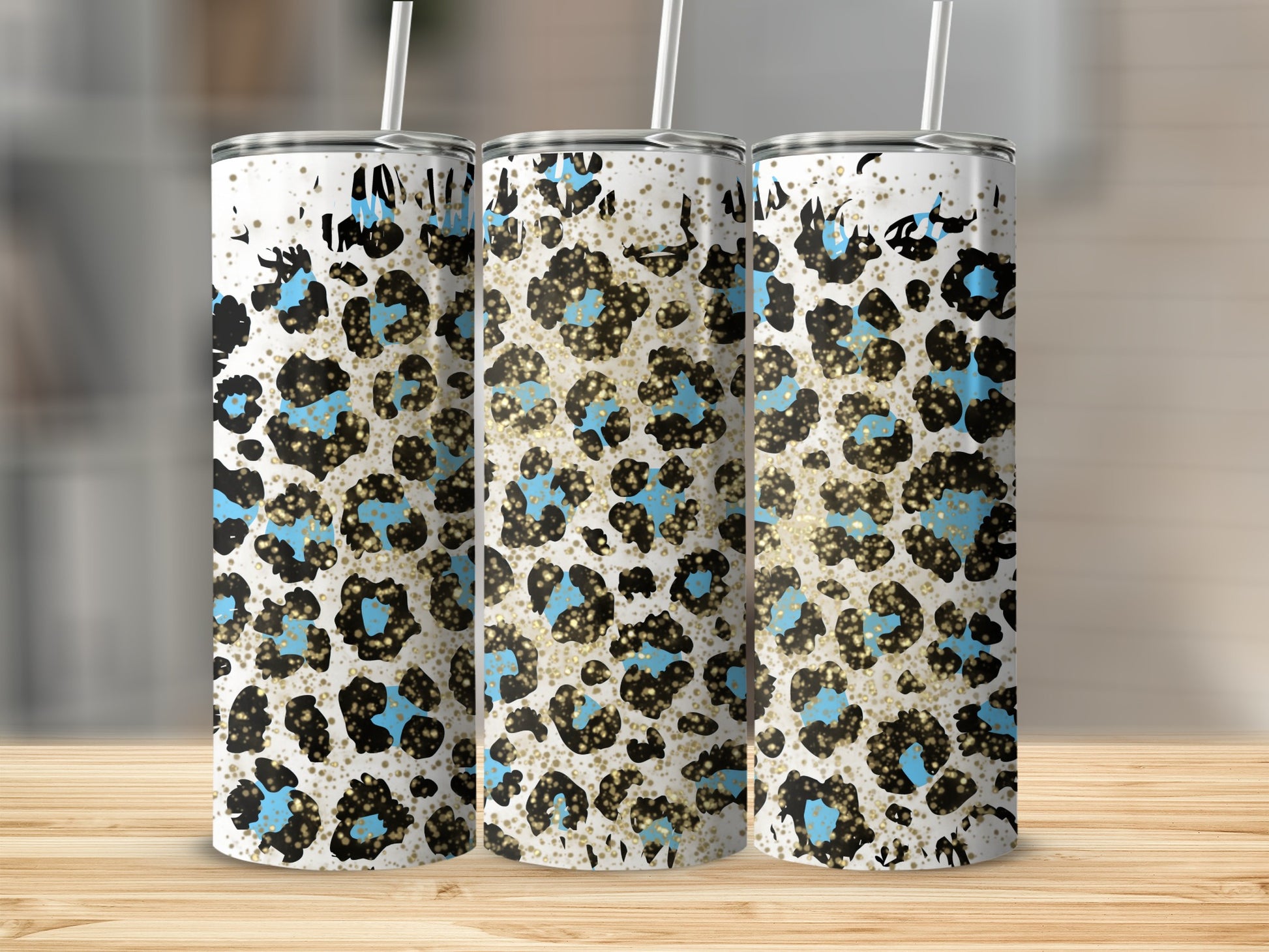Leopard Print Glitter Tumblers with Blue Accents Drinkware