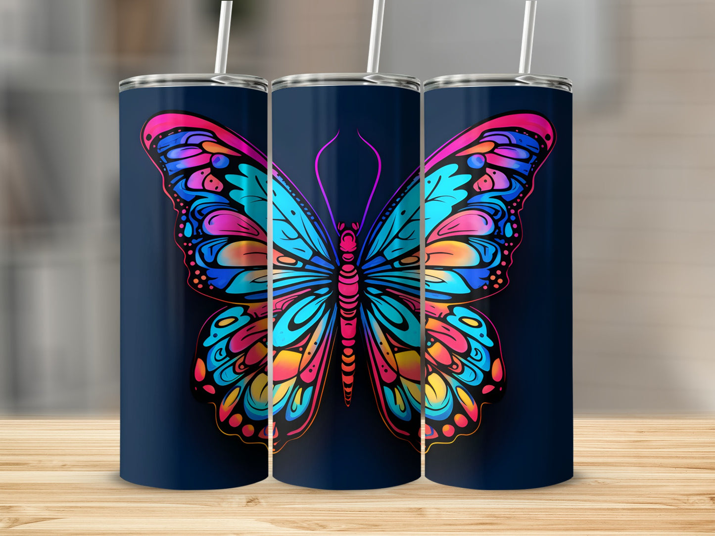 Dark blue tumbler with a vibrant, colorful butterfly design.