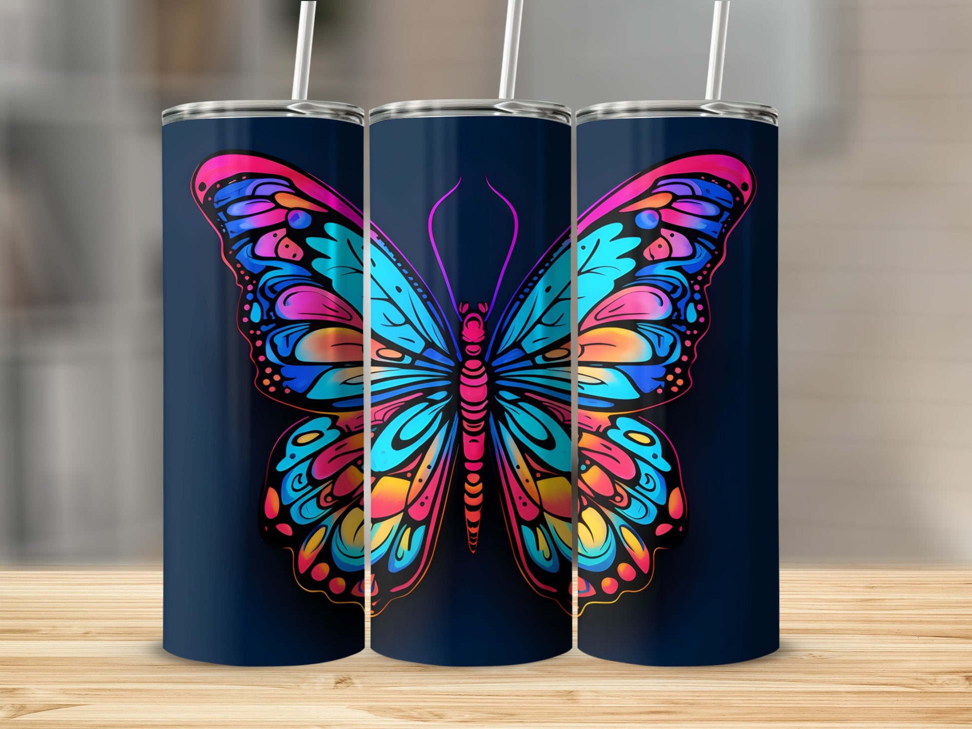 Dark blue tumbler with a vibrant, colorful butterfly design.