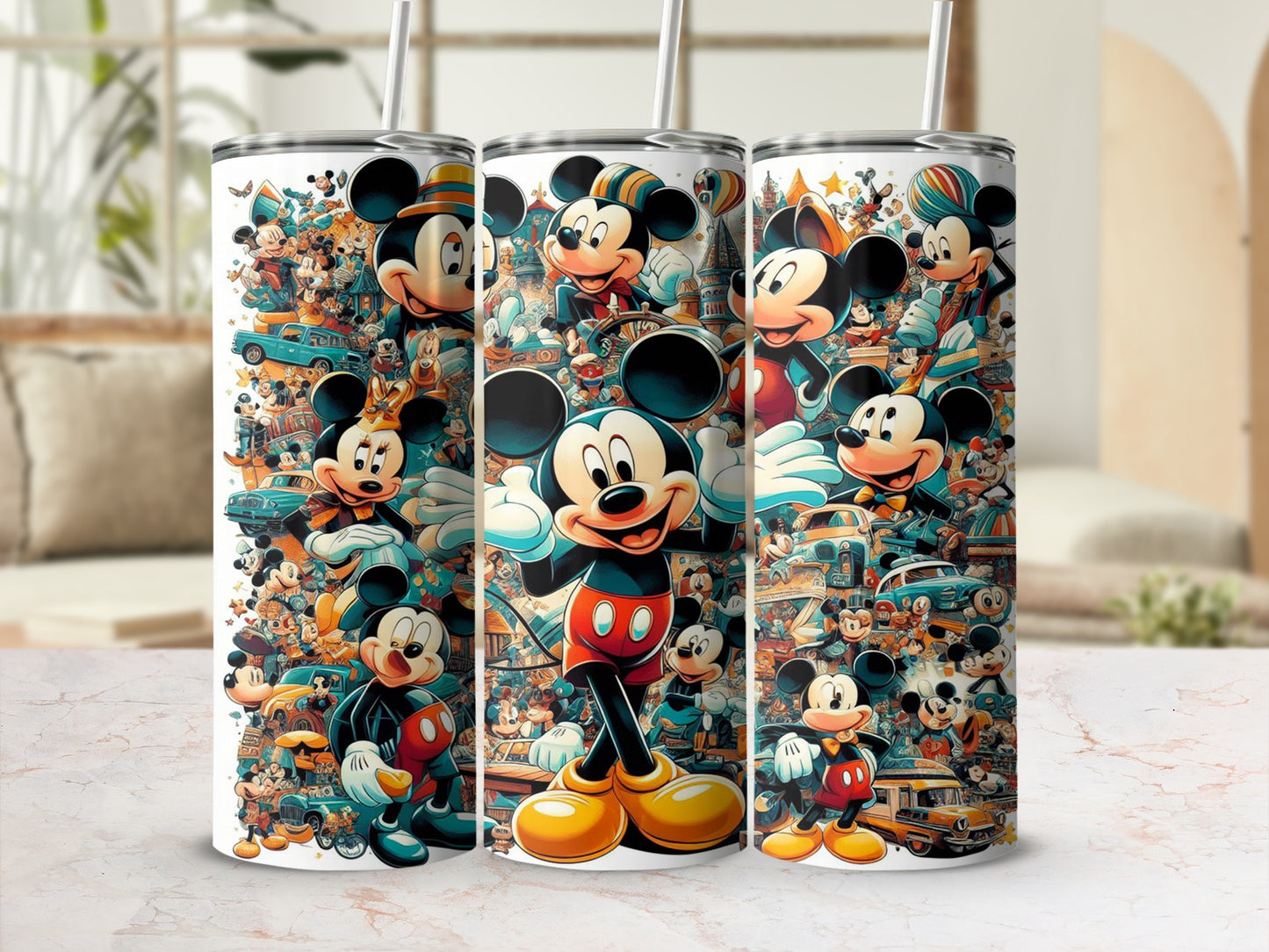 Mickey Mouse characters and vintage cars pattern on three white tumblers.