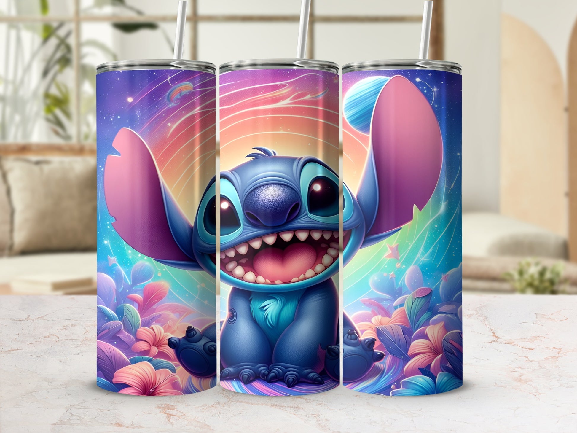 Stitch from Lilo & Stitch with large ears and mouth open, surrounded by colorful flowers.