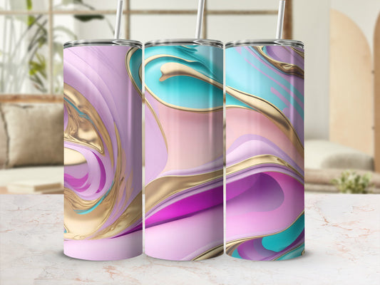 Three iridescent tumblers with abstract pastel and gold swirls.