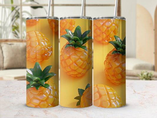 Three tumblers featuring a textured pineapple pattern on a yellow background.