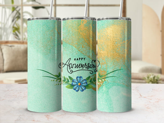 Anniversary tumbler with gold accents and "Happy Anniversary" text.