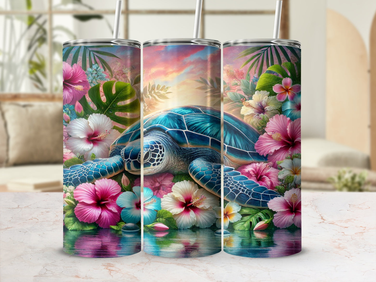 Tropical Floral Turtle Tumbler with Straw and Lid