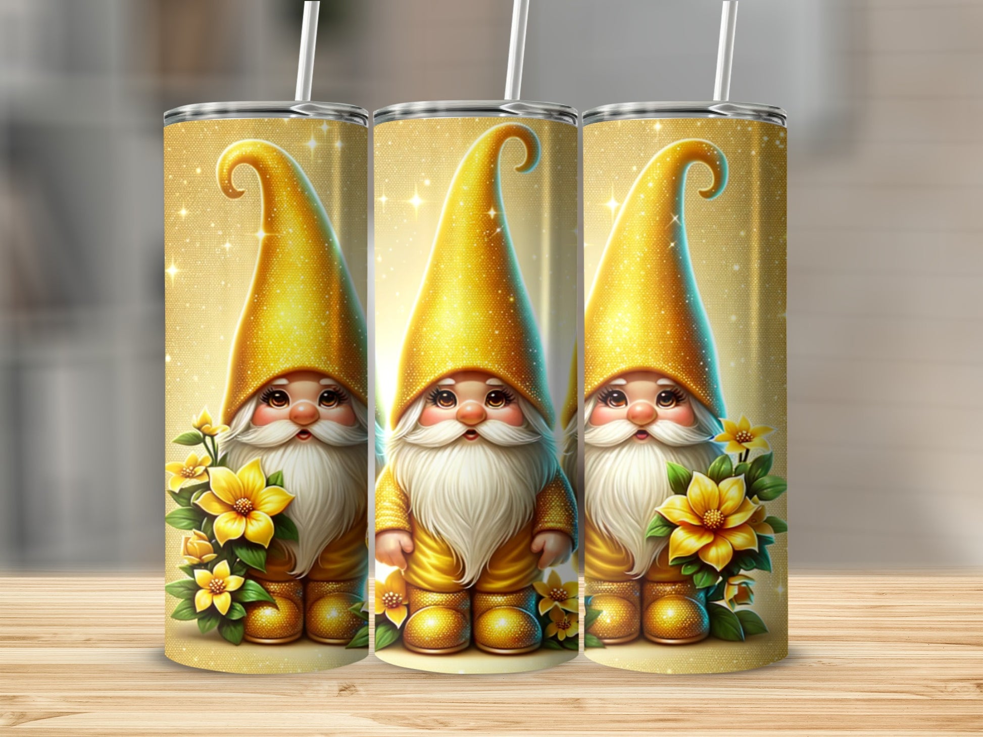 Cute Glittery Gnome with Yellow Flowers Tumbler Cup