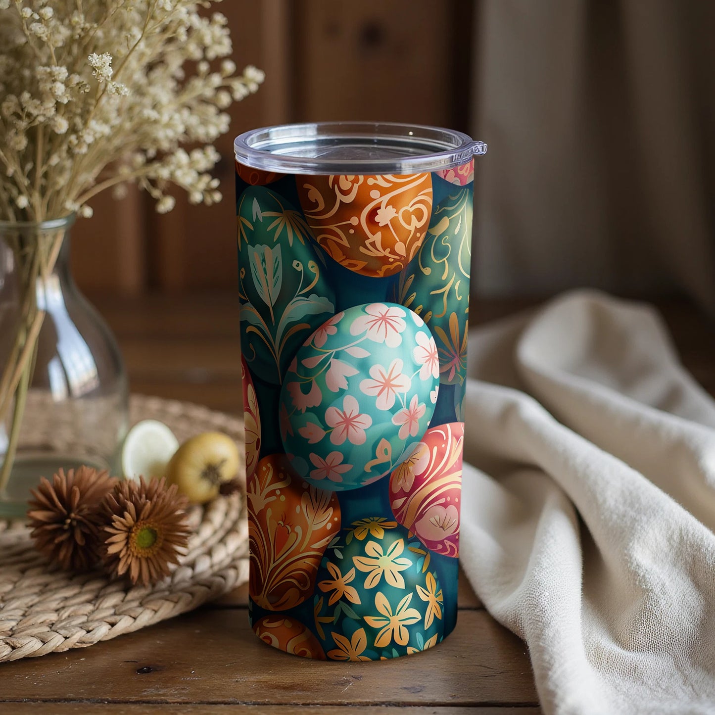 Colorful Floral Egg Design Insulated Tumbler Cup