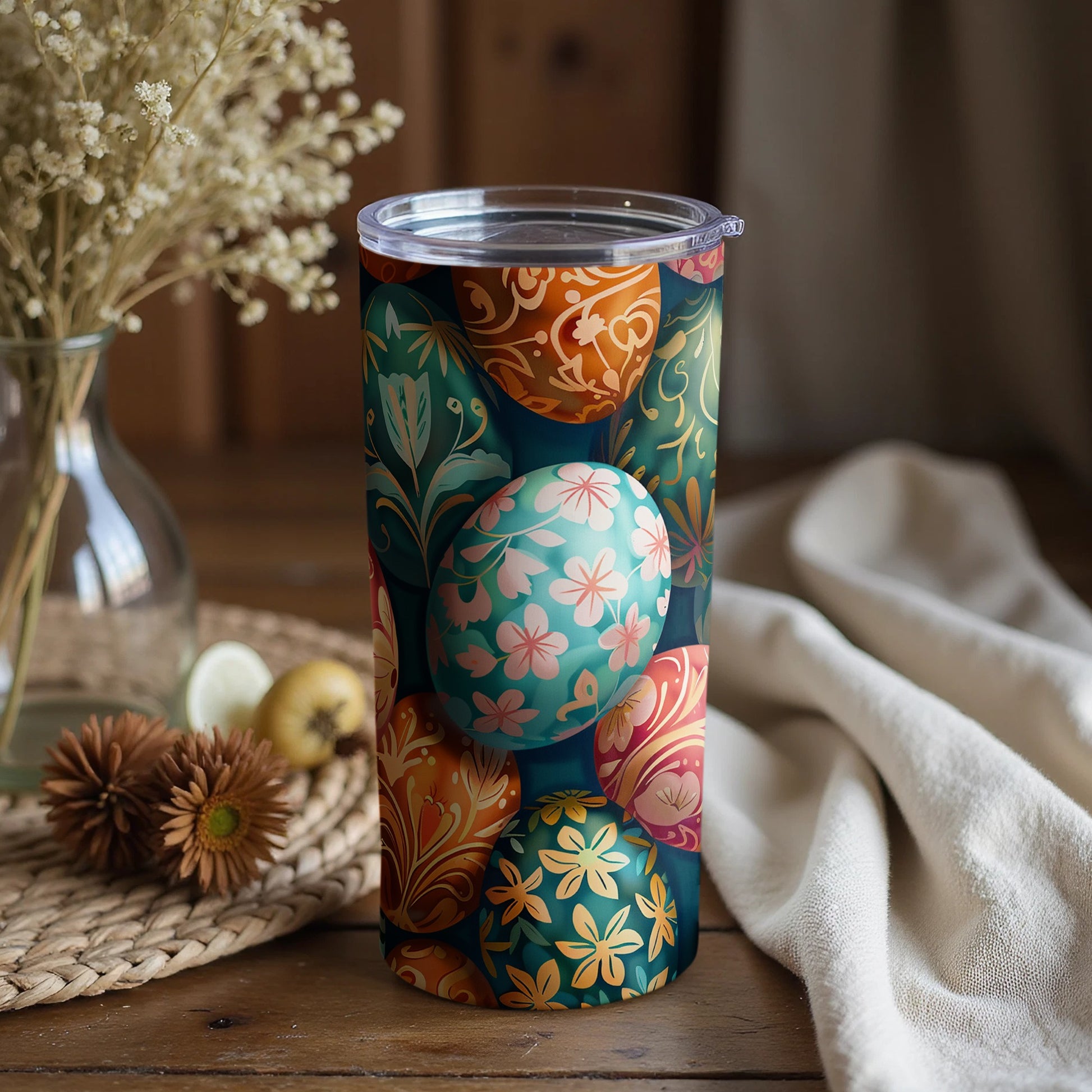 Colorful Floral Egg Design Insulated Tumbler Cup