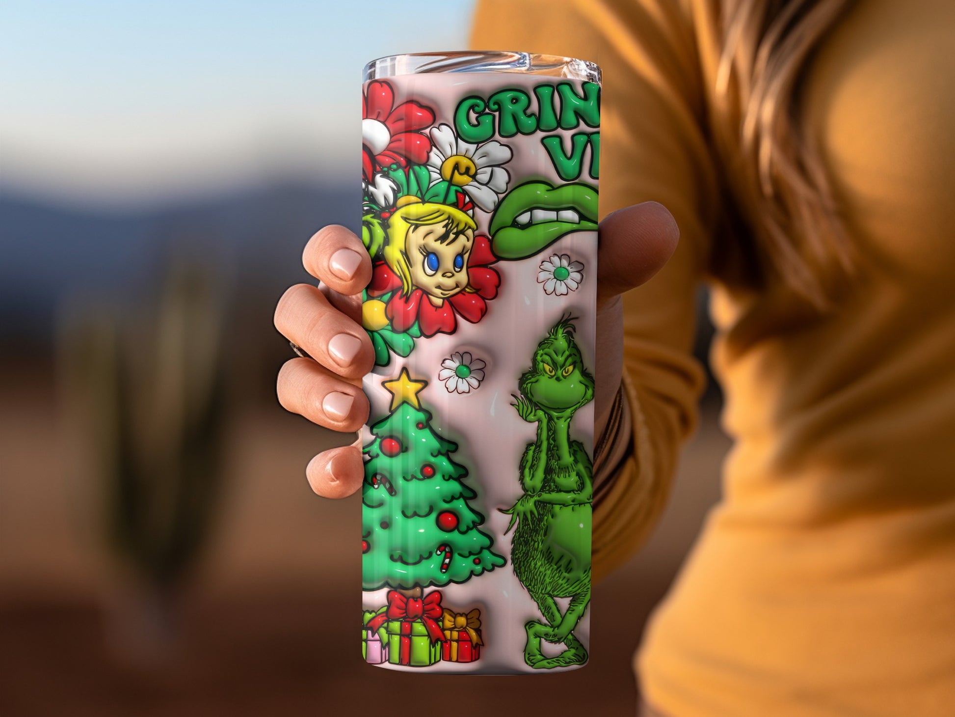 Grinch Christmas Tree and Flower Design Tumbler Cup
