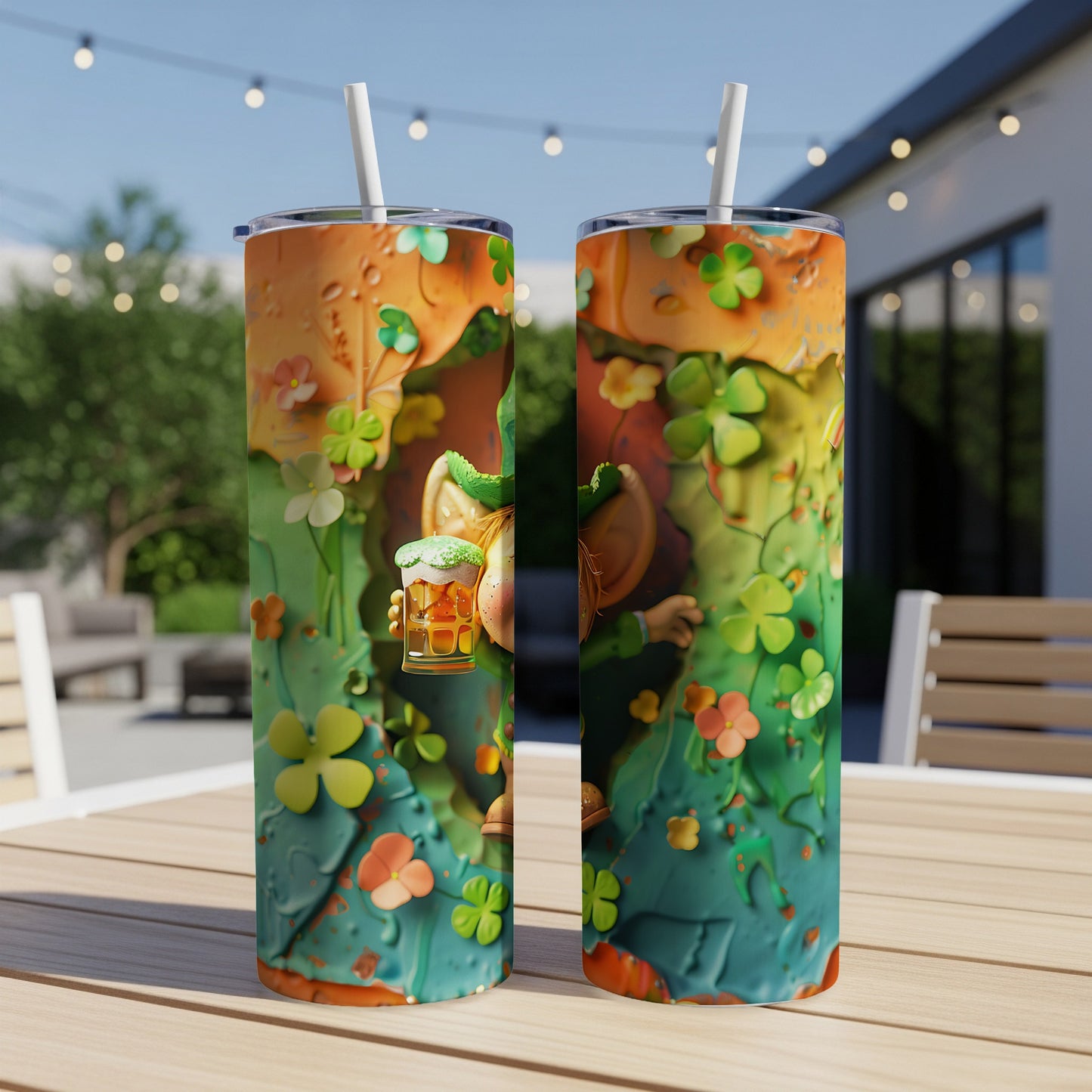 Two Saint Patrick's Day themed tumblers with a leprechaun and shamrocks.