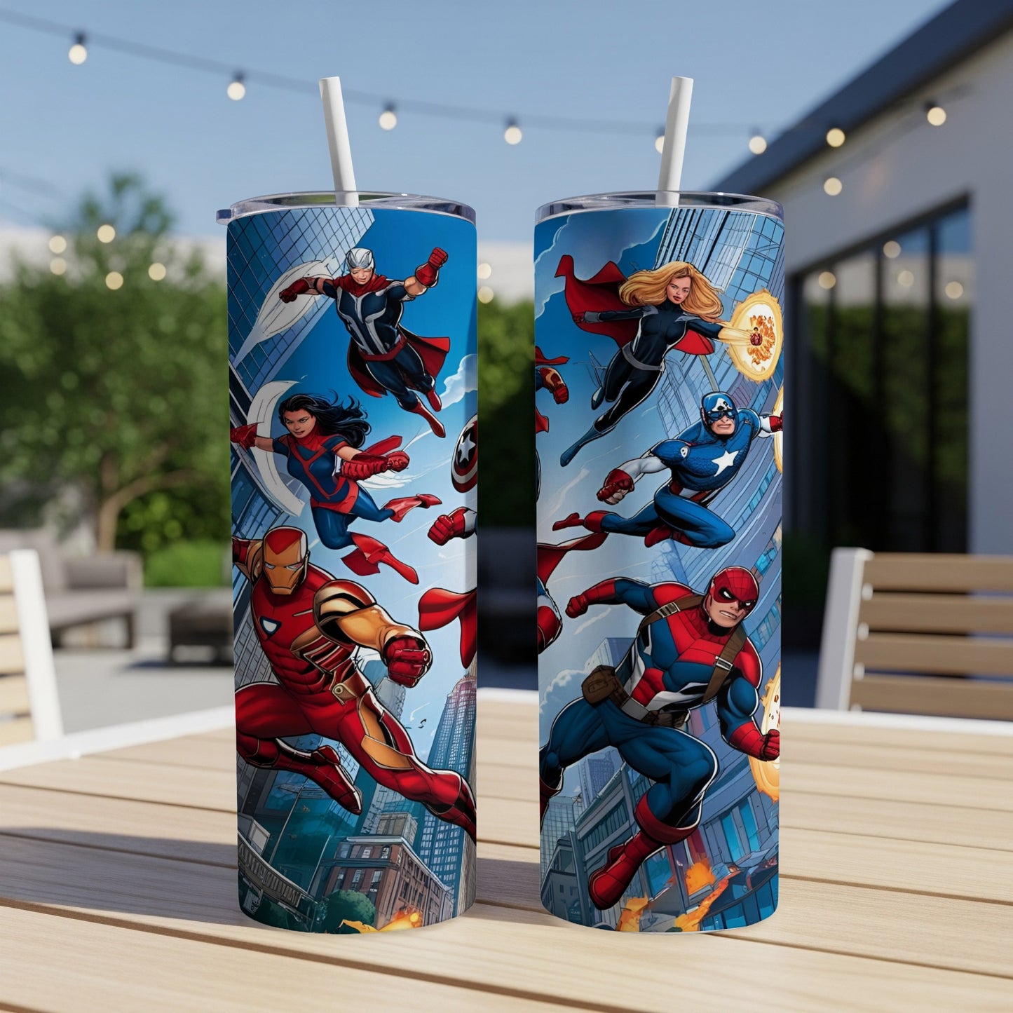 Marvel's Avengers characters in action on two blue tumblers on a table.
