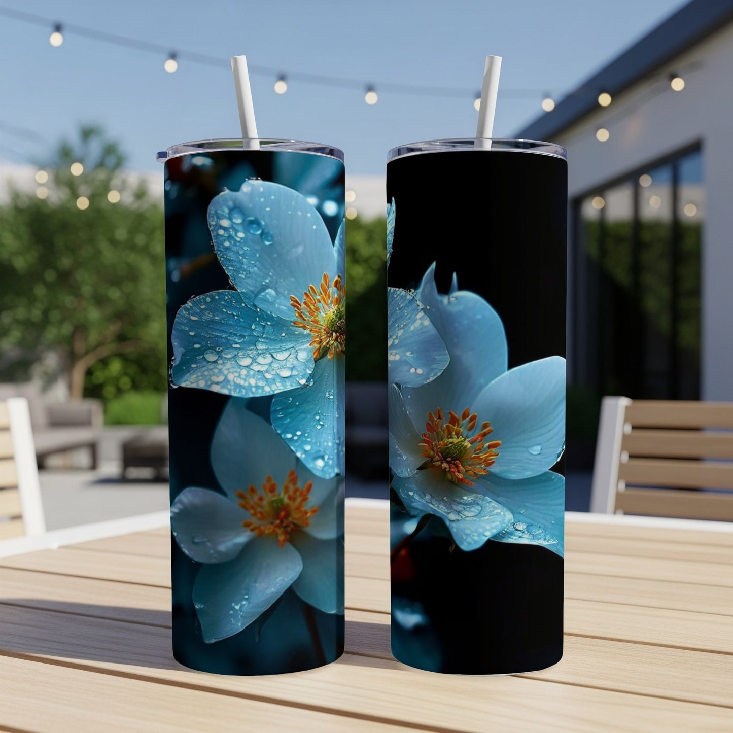 Two tall tumblers featuring close-up watercolor art of dew-kissed light blue flowers.