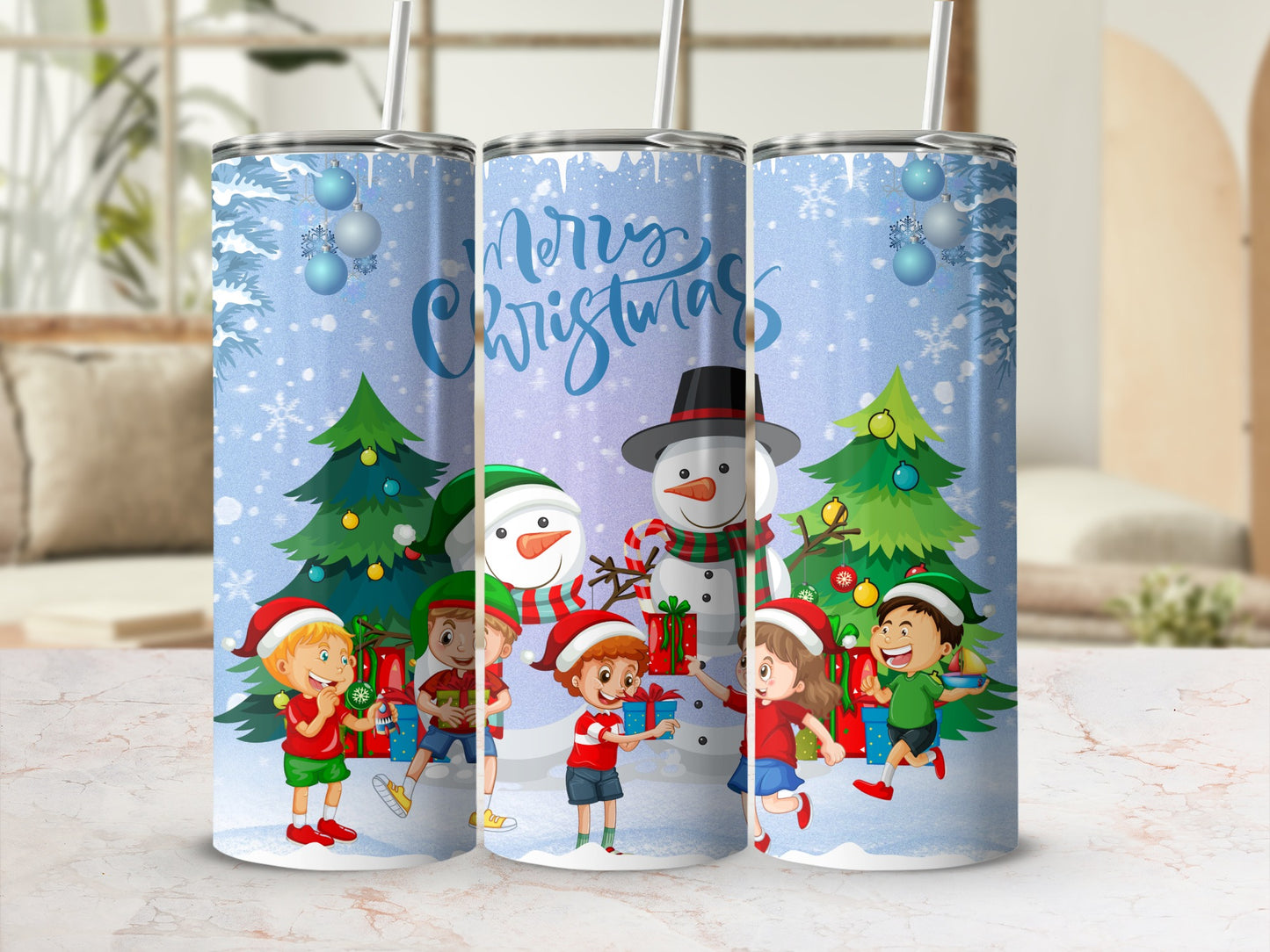 Merry Christmas Kids Snowman Scene Insulated Tumbler