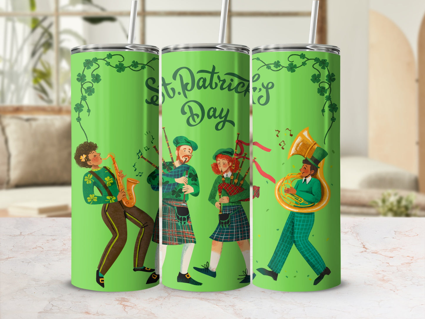 Green tumbler with St. Patrick's Day design featuring bagpipers and musicians.