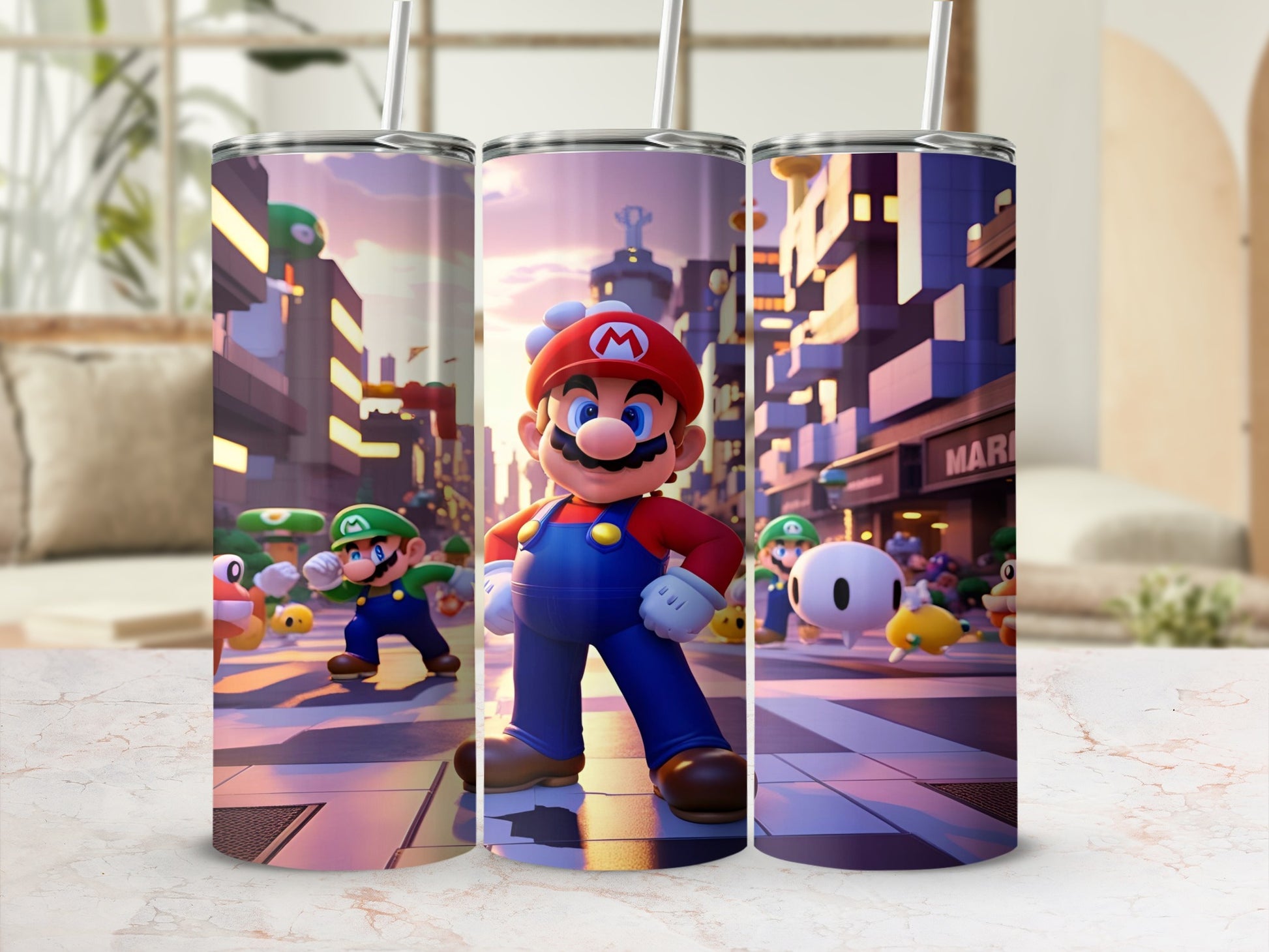 Mario and Luigi characters on a city street, with buildings and streetlights in background.