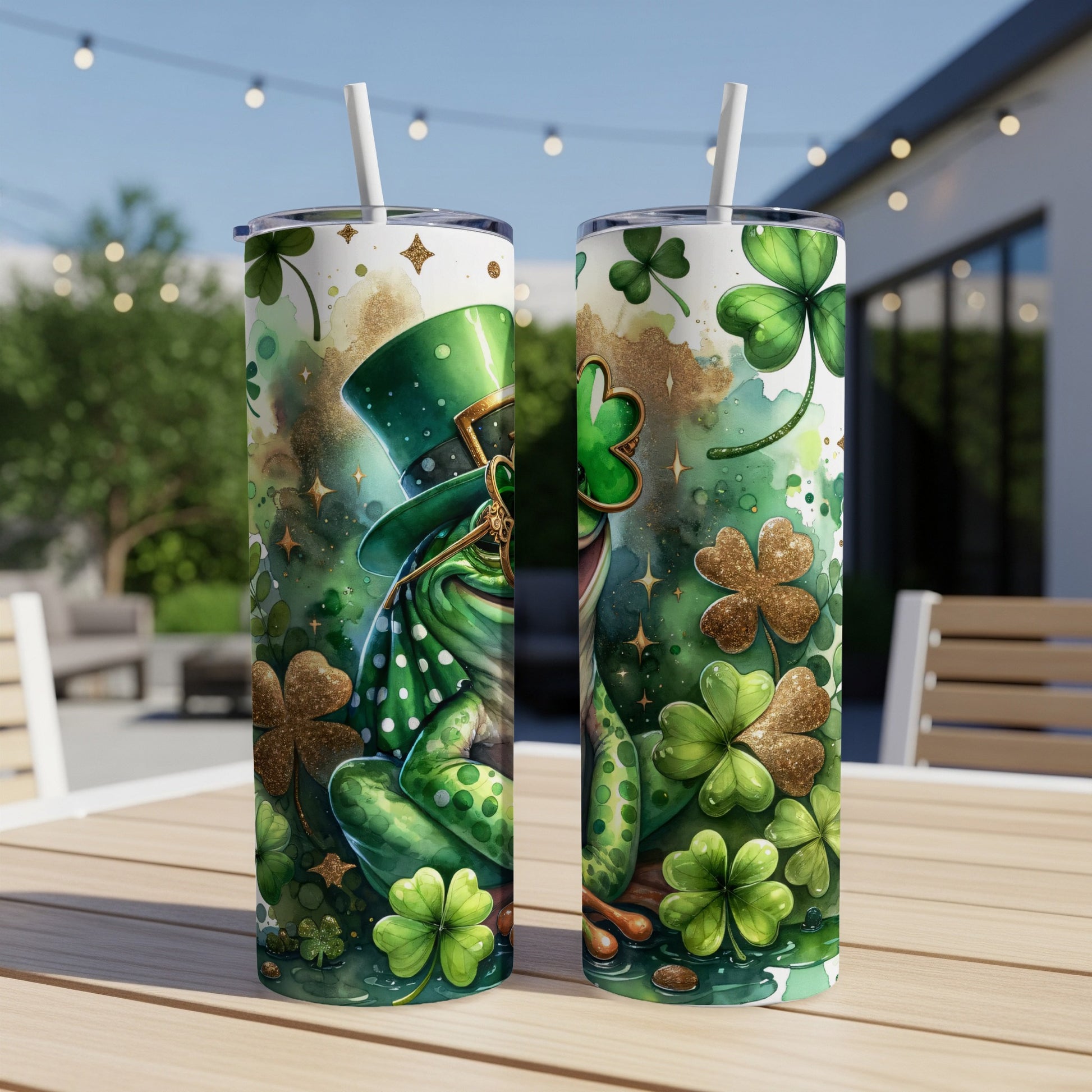 Green frog in a top hat with shamrocks on a St. Patrick's Day themed tumbler.