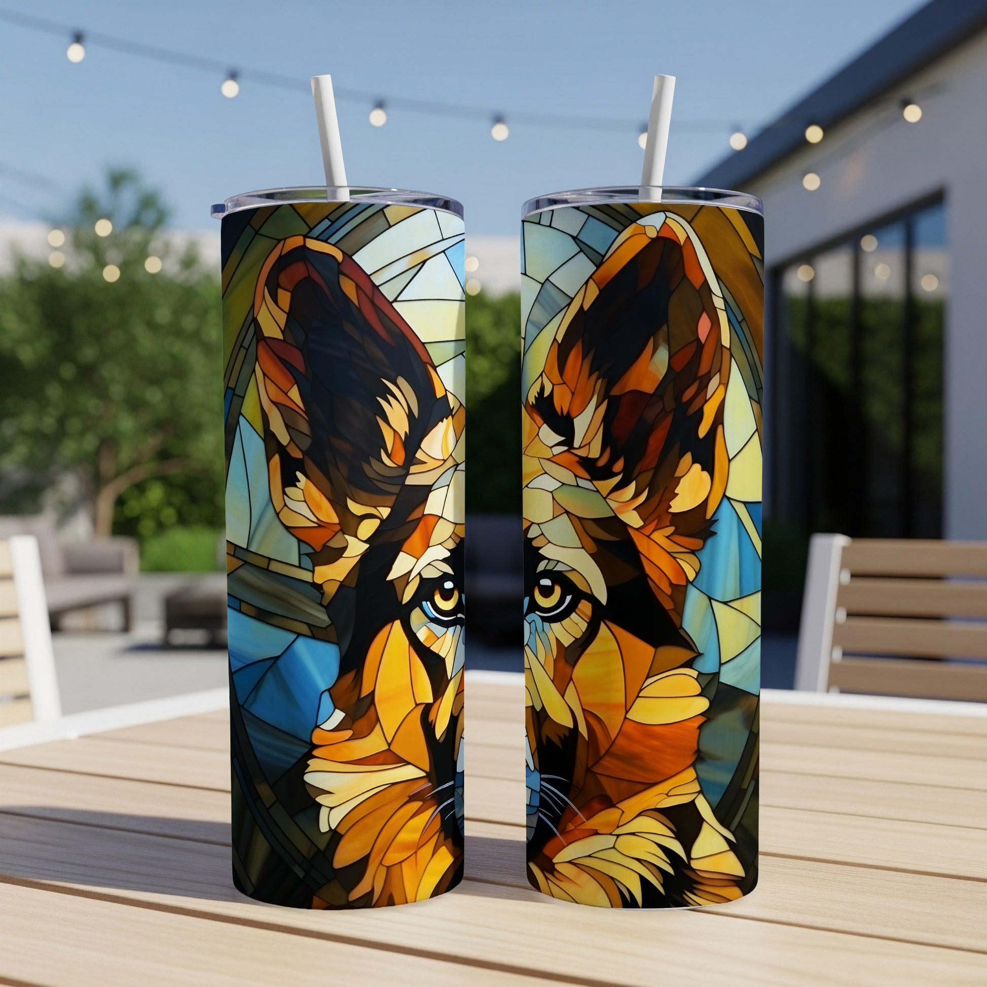 German Shepherd stained glass art on a tumbler with two straws.