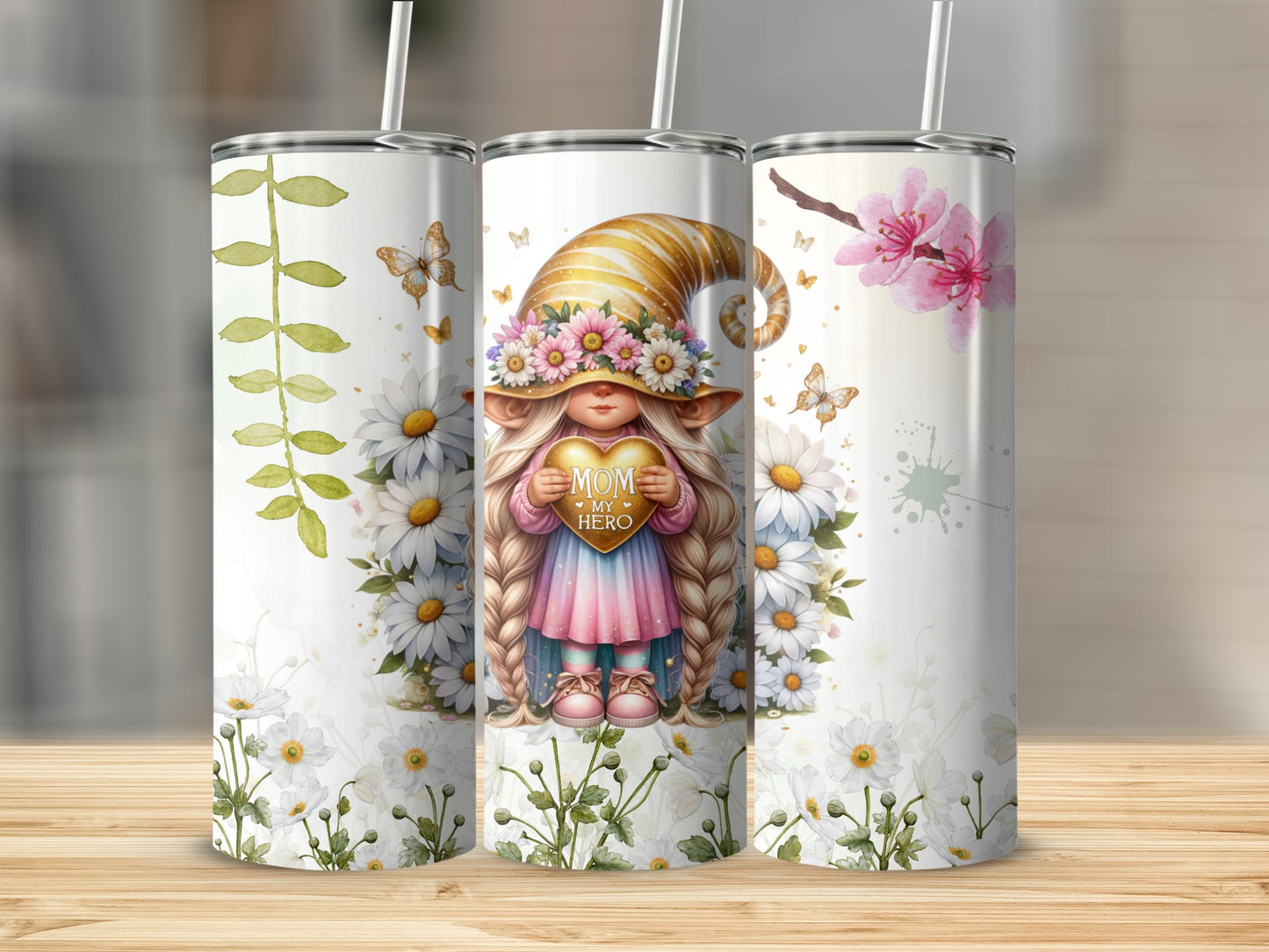 Cute Mom Is My Hero Gnome Floral Design Tumbler