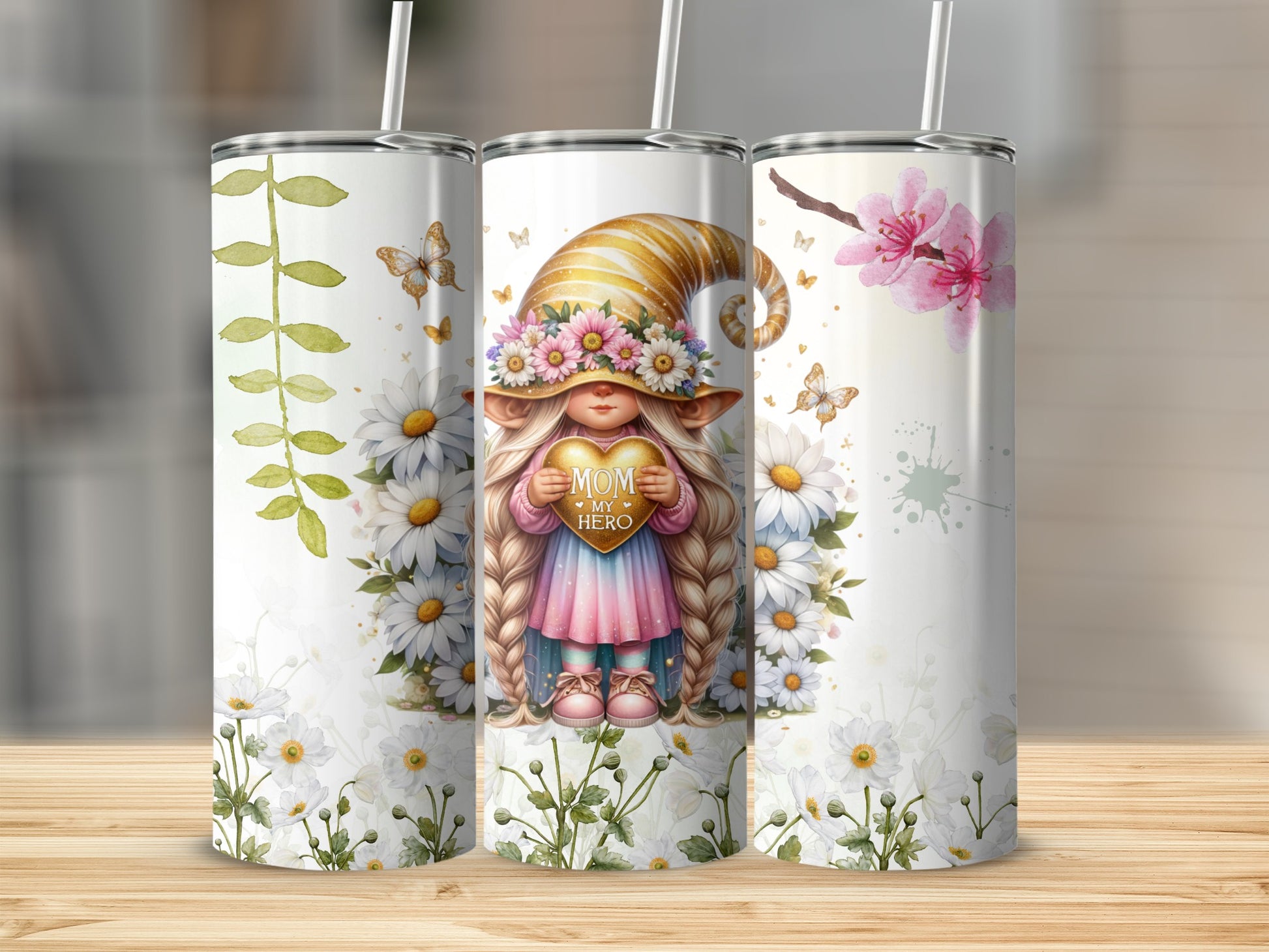 Cute Mom Is My Hero Gnome Floral Design Tumbler