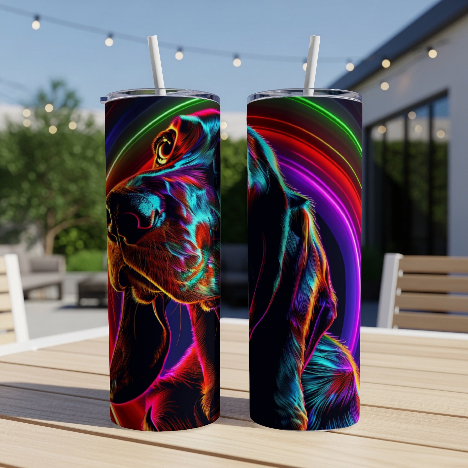 Two tumblers featuring a colorful, abstract dog portrait on a patio table.