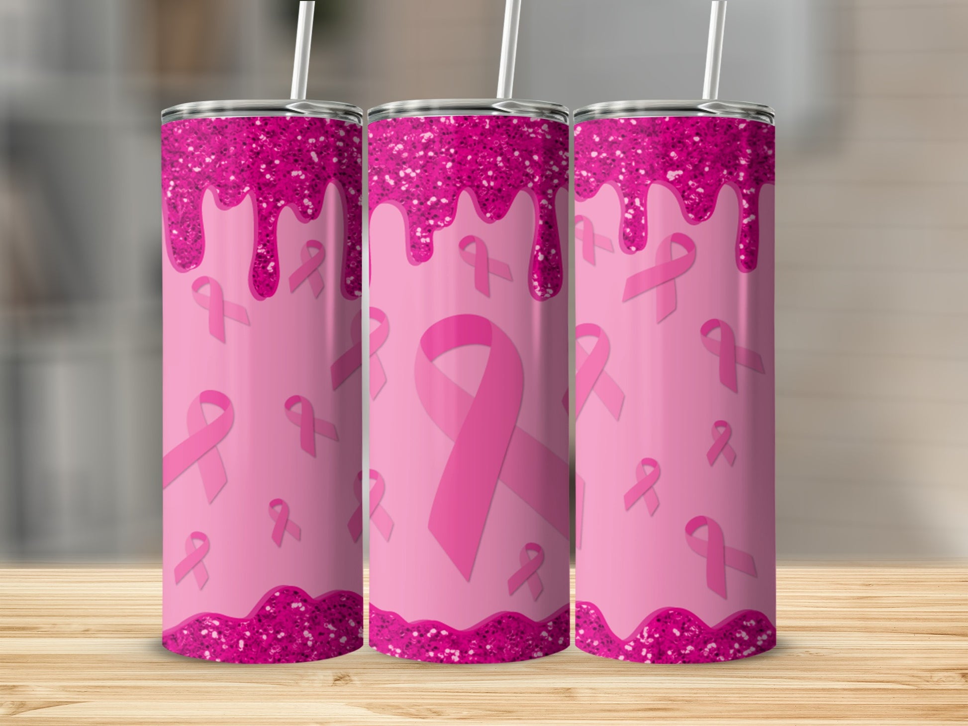 Pink glitter drip tumbler with breast cancer awareness ribbons.