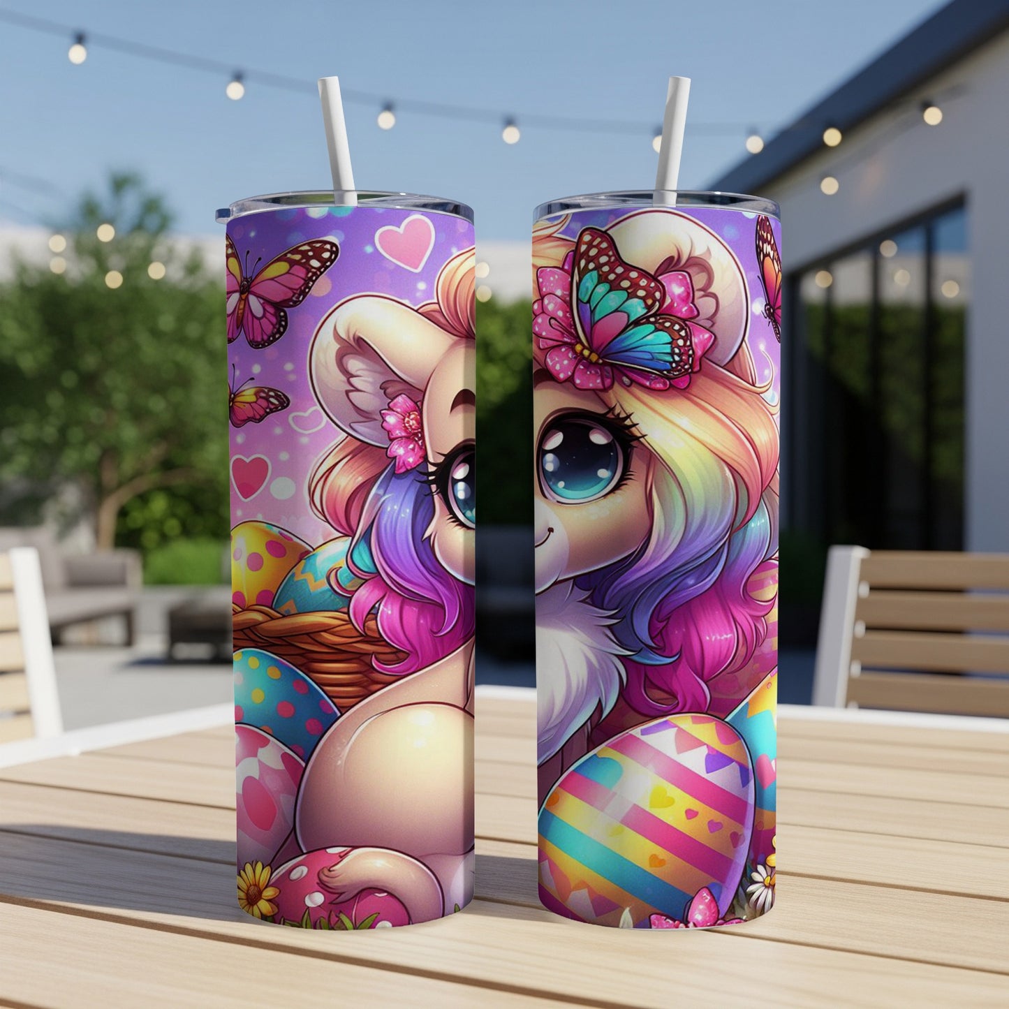Easter tumbler with cartoon bear, colorful eggs, and butterflies.