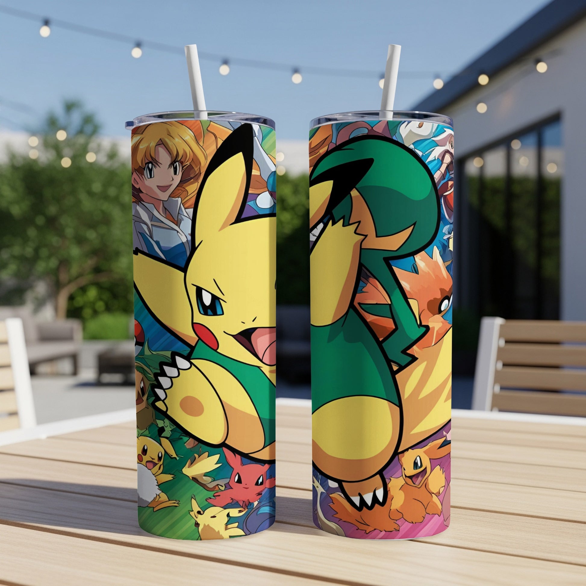Two tumblers featuring Pikachu and other Pokémon characters in a playful scene.