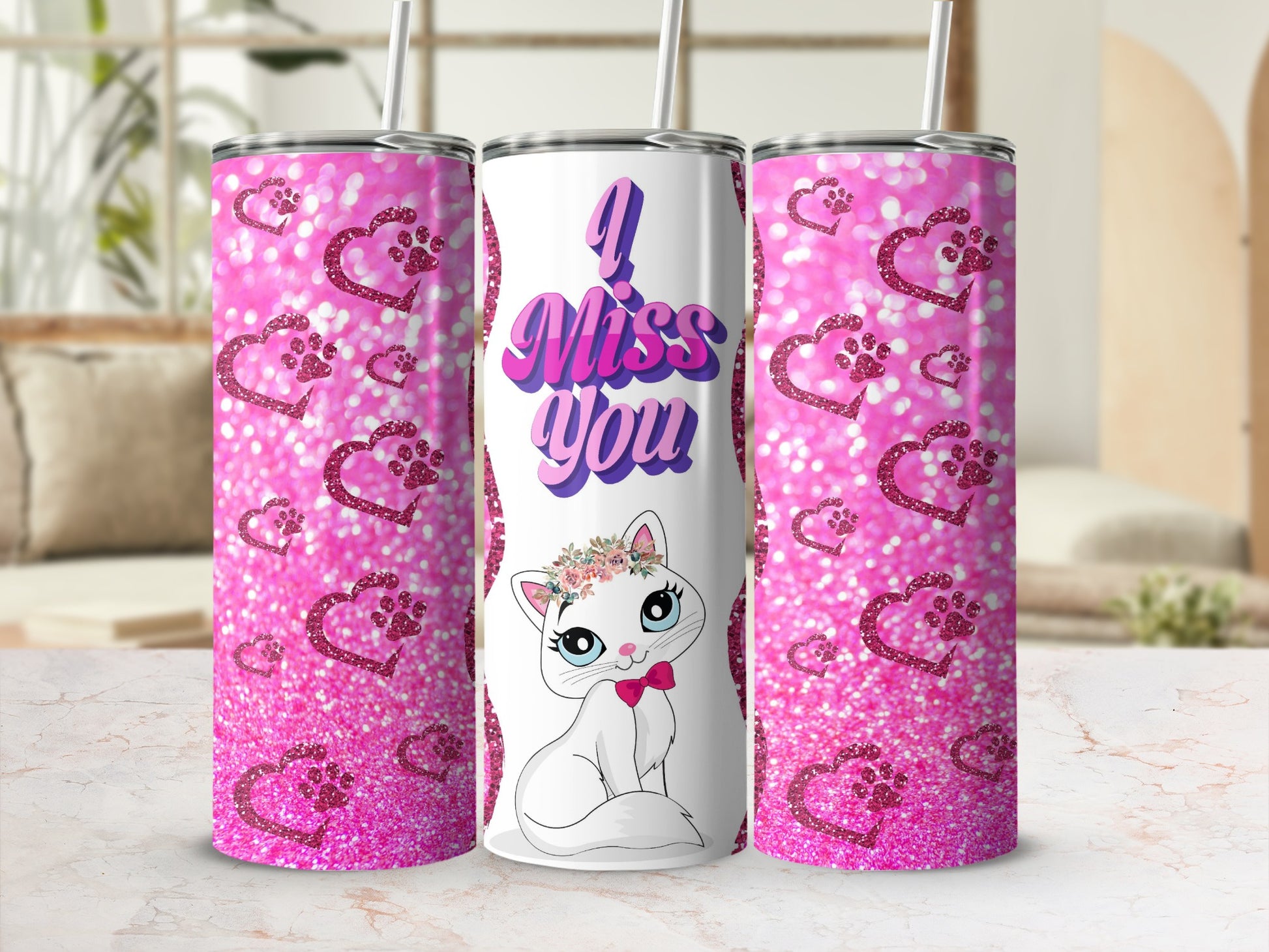 White cat with flower crown and pink bow on pink glitter tumbler with "I Miss You" text.
